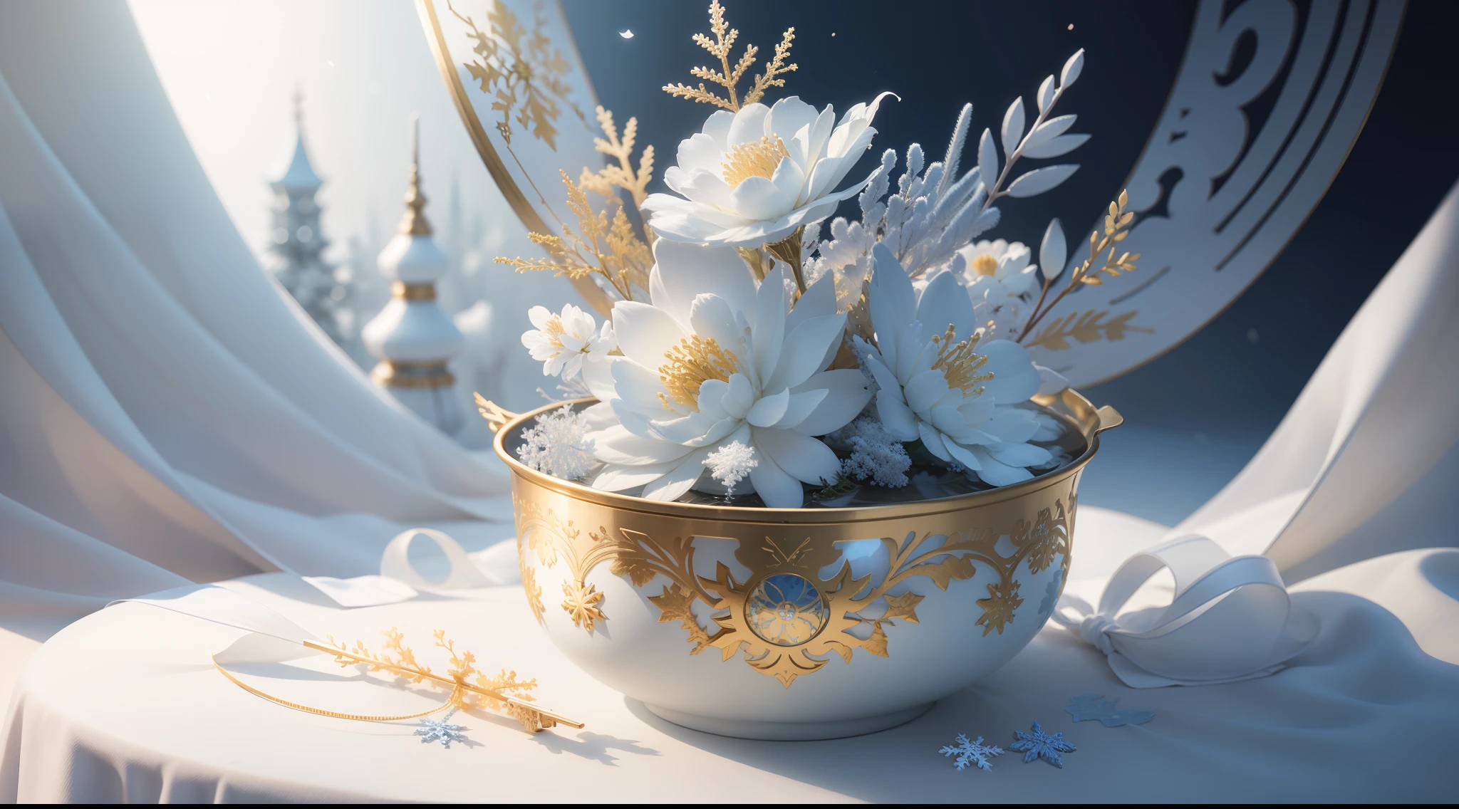 Snowflake、golden colored、white colors、Blue、Yu-hsien、solemnity、Fantastical、Fantastic、Ethereal、Photorealism Based Details Widget 1.3, Ultra-detailed depiction、Cinematic shots with HDR effect、Vignette and center screen、Generate in automatic mode