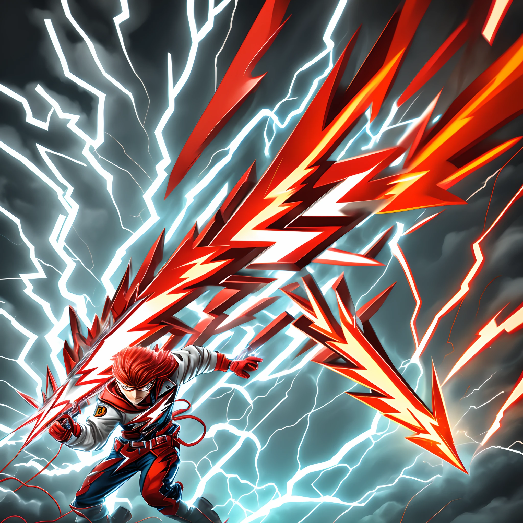 Red hair, lightning bolt logo, worker, tie, cartoon Q version IP character