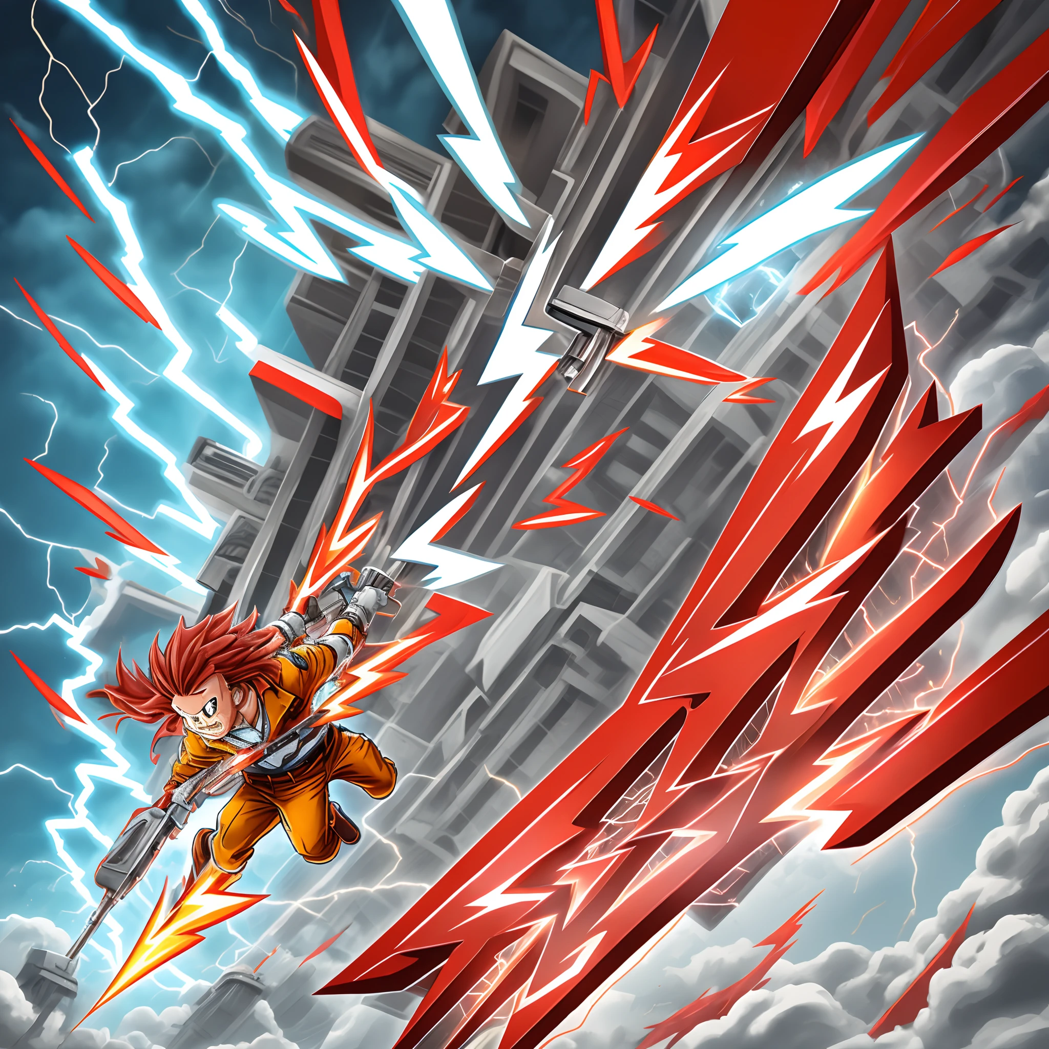 Red hair, lightning bolt logo, worker, tie, cartoon Q version IP character