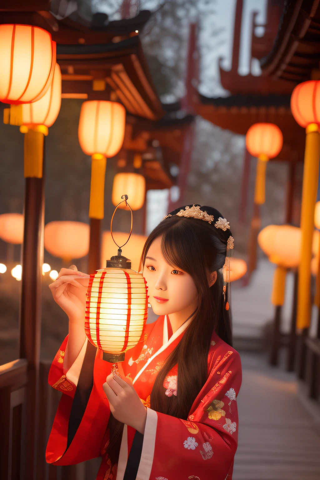 the night，A woman in Chinese clothing carries a lantern