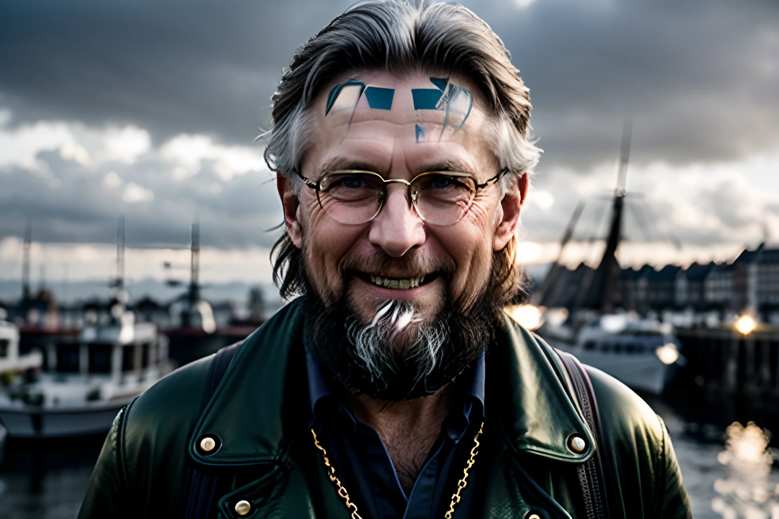 RAW photo, 8k UHD, high detailed skin, handsome german hippie, 72yo, bavarian man, green eyes, rule of thirds, masterpiece, photography, ultra realism, realistic, outdoors, golden hour, portrait, smiling, grey short hair, rocker style, DoF, (Hamburg:1.1), harbor, sky, clouds, soft lighting, ( highly detailed skin:0.7),(film grain:1.3), 8k uhd, dslr, soft lighting, high quality, HDRI, Fujifilm XT3