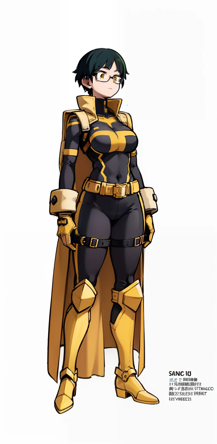 My Hero Academia style, anime Girl, female, wide thighs, wide hips, Large Breast, Blue short hair with green bangs, short hair, jagged bangs, asymmetrical bangs, long side bangs, yellow trench coat, trench coat, open trench coat, high collar trench coat, trench coat, glasses, red frame glasses, round red frame glasses, green eyes, Joyful Gaze, black pants, black belt, black shirt, trending on artstation pixiv, (full body shot:0.5), Masterpiece, fullbody suit, Hero costume, Perfect Anatomy, Super Detailed,