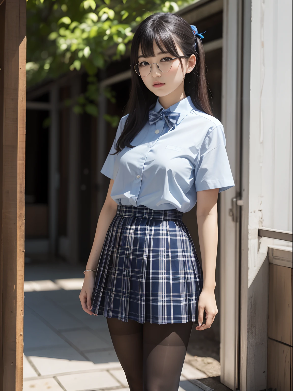 (8K、Raw photography、top-quality、masterpiece:1.2),Lori,Schools,watching at viewers,Looking at the front,side poneyTail,Bullish,Muchimuchi,Erotic,Pupils,Light Blue Bra,de pele branca,kne,(Black pantyhose),absurderes,a small face,small tits,flat breast,Parting the bangs from the middle、Forehead visible,(a cold expression,Tight eyes,glares,Bullish,skinny,Rasping,irate)、masterpiece,top-quality、超A high resolution,Raw photo,ren,Beautiful fece,One Person, 独奏,eye glass,,Dark look,Small breasts,fullllbody,Round glasses、cute little、Back to Student,JK school uniform,hi-school girl,A Japanese Lady,is standing,(Photorealsitic:1.37)、Photon mapping,Realistic、Cute little face,Brown-eyed、Black socks、(Red bow tie)、Radio City、Physically Based Rendering、Foreground、depth of fields、Blurry background、a picture,The girls、Body,beauty legs, Long legs, Thin leg,Tie your hair into one strand on your chest,(Bangs are visible), hair, s lips, Blue_The eye, nosesoft,(Light blue shirt), (Navy and blue and white plaid pleated skirt), Knees are visible,Sheer clothing,, Thigh, Black cotton socks,Nogizaka Idol, 女優, Japanese ido