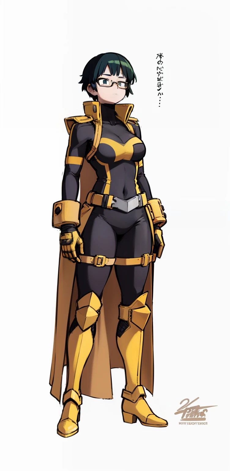 My Hero Academia style, anime Girl, female, wide thighs, wide hips, Large Breast, Blue short hair with green bangs, short hair, jagged bangs, asymmetrical bangs, long side bangs, yellow trench coat, trench coat, open trench coat, high collar trench coat, trench coat,  glasses, red frame glasses, round red frame glasses, green eyes, Joyful Gaze, black pants, black belt, black shirt, trending on artstation pixiv, (full body shot:0.5), Masterpiece, fullbody suit, Hero costume, Perfect Anatomy, Super Detailed,