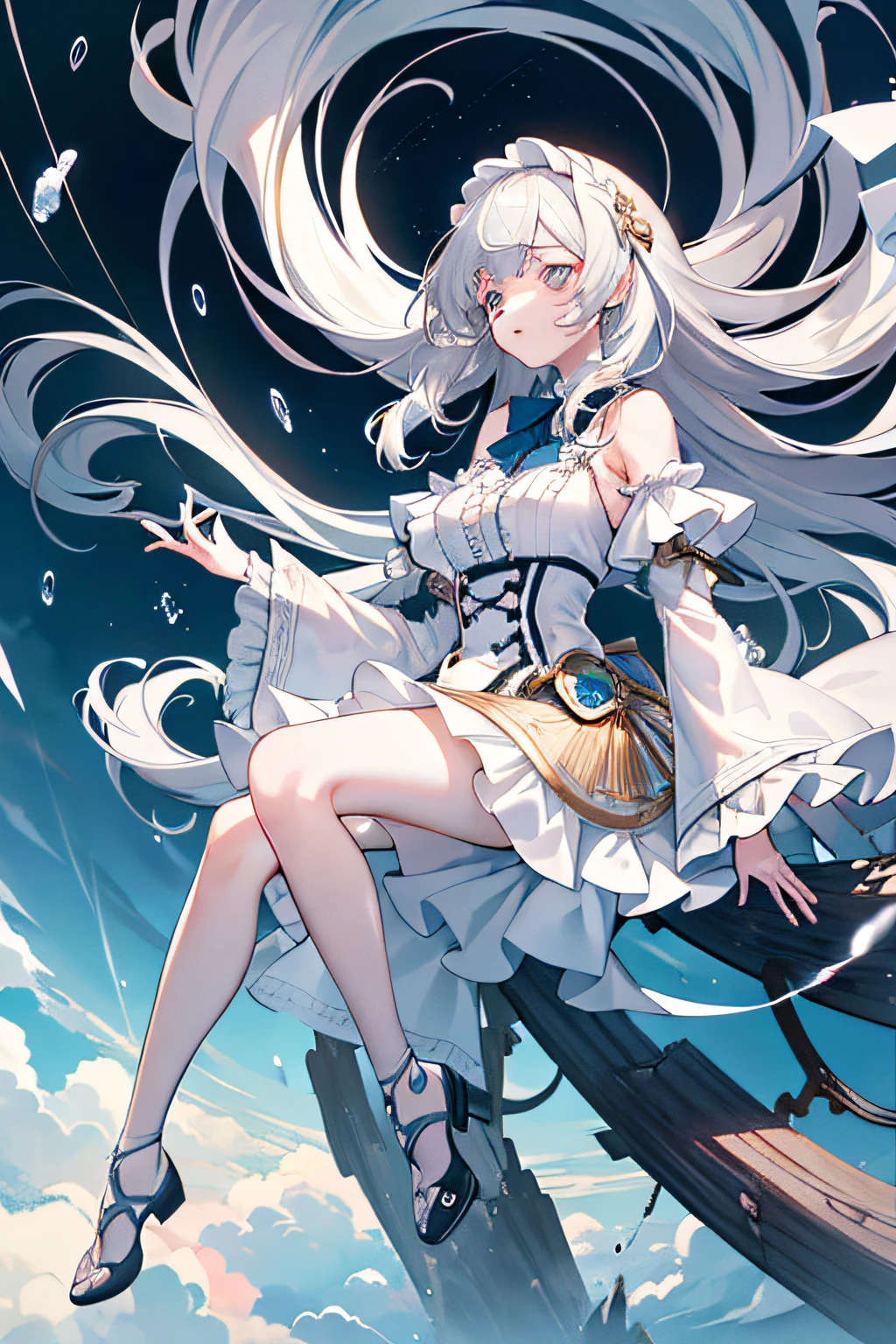 ((masterpiece)),(((best quality))),((ultra-detailed)),((((full body)))),(unhelpless),tear,crying,((((( falling from the sky))))),(( Weathering With You)),(((full body))),(illustration), (1 girl),((falling))，tear,((face towards the sky))，(hair flows upwards)，((illustration)),((disheveled hair)),anime screeshot,((frills)),(1 girl),big top sleeves, floating,beautiful detailed isky,beautiful detailed eyes,overexposure,,expressionless,side blunt bangs,hairs between eyes, ribbons,bowties,buttons,bare shoulders, detailed  clothes,blank stare