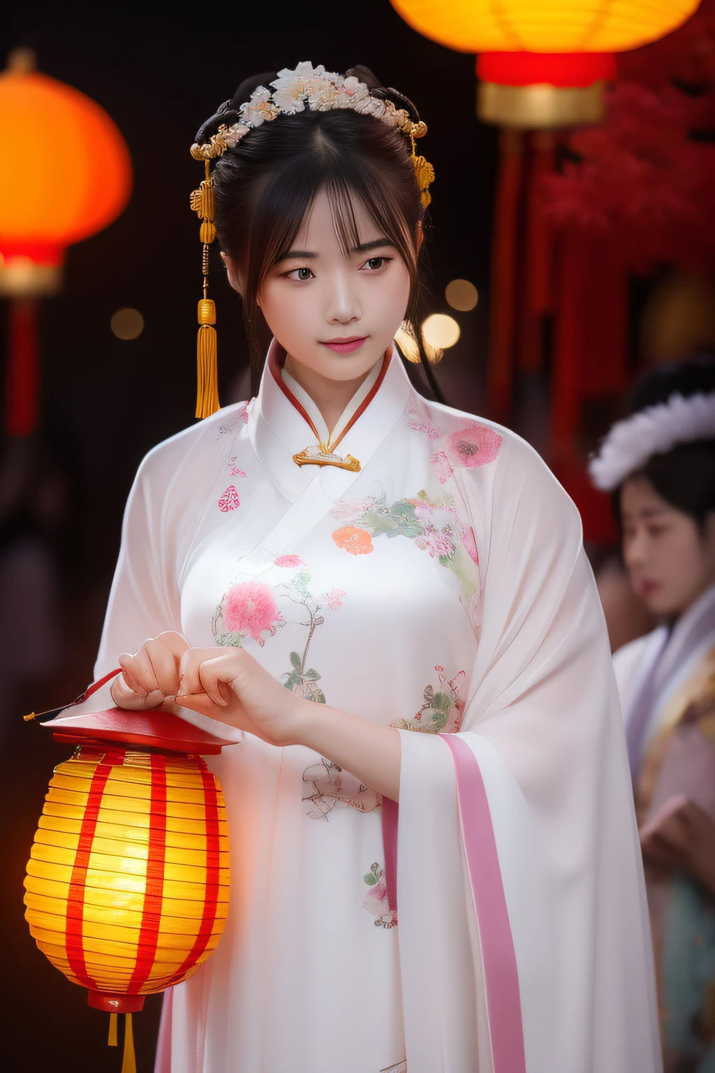 the night,A woman in Chinese clothing carries a lantern