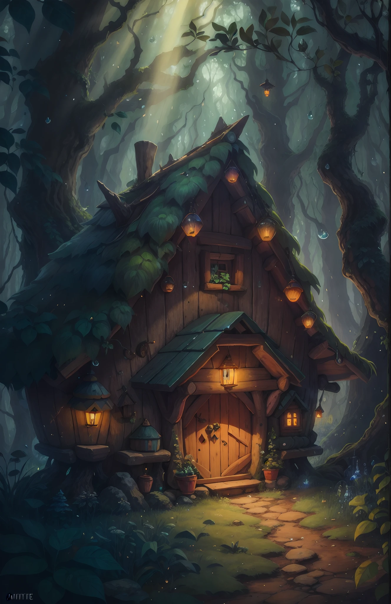 tmasterpiece，Magnificent picture of a small gnomic hut in the forest，eventide，Dewdrops，hight contrast，In Studio Ghibli style，highly complex，highly  detailed，illustratio，rays of sunshine,,