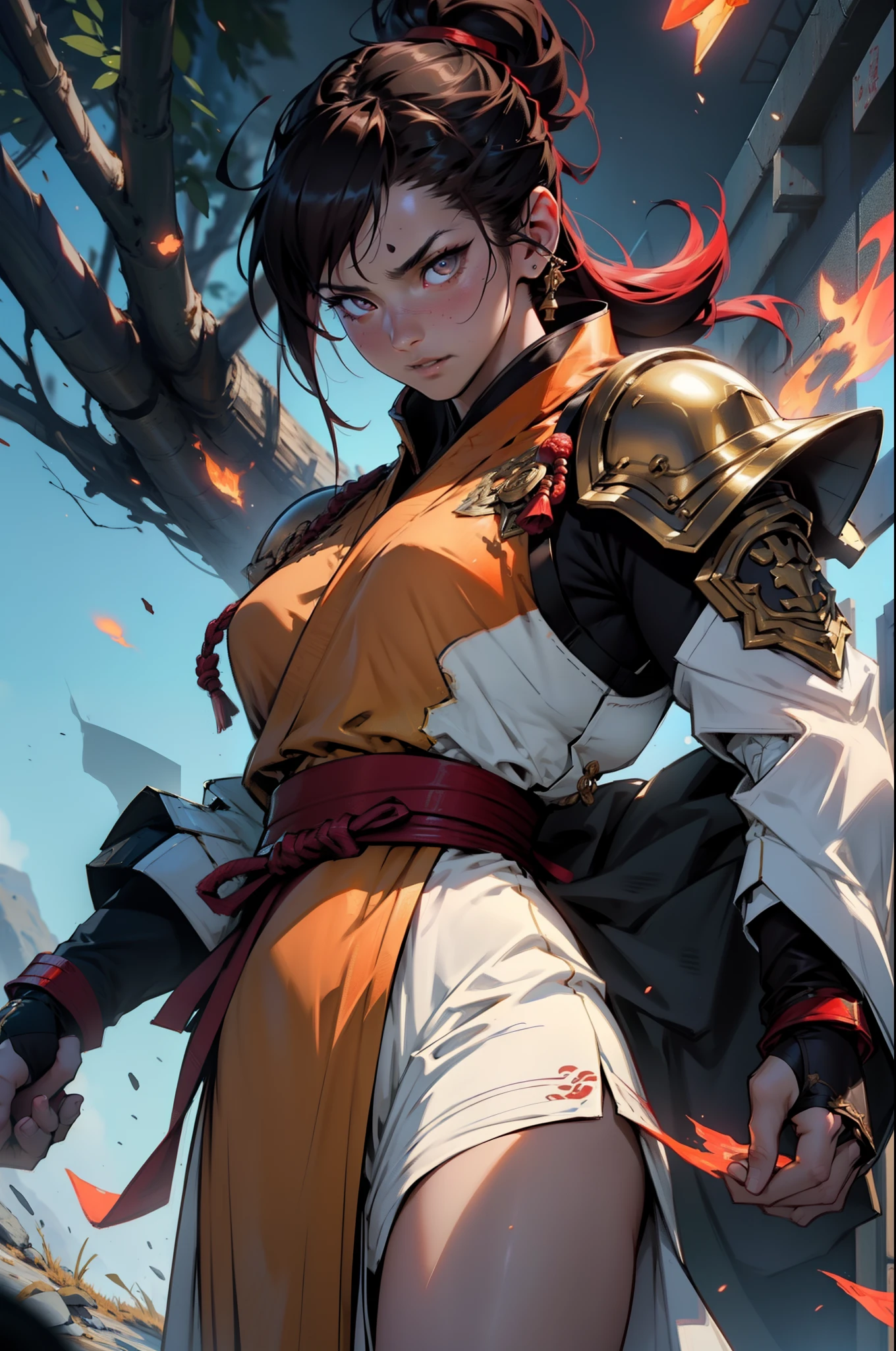 A Japanese female general、martial art、Grim expression、full bodyesbian、Clear facial features、Amazing facial features，Red and white robes，brunette color hair，Armour，Armoured skirt，The background is dark and full of flames，A martial artist who incarnates Shura，Martial artist，Chun- li，The fire burst into the sky，Game model， Stunning lighting， C4D，oc rendered，cinematic rim light，The light is delicate，tmasterpiece，ultra - detailed，Epic composition，Super HD，high qulity，HighestQuali，32K