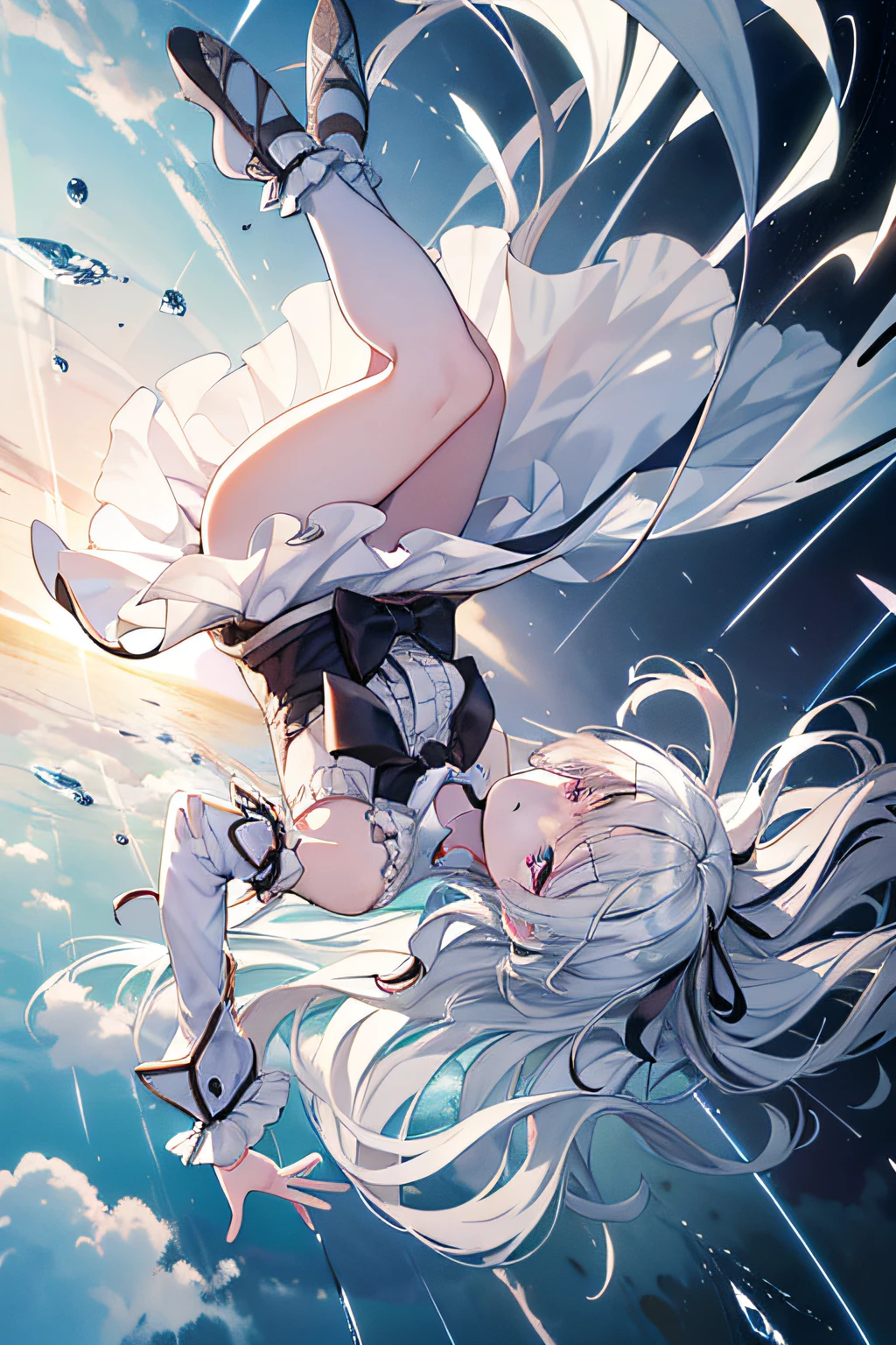 ((masterpiece)),(((best quality))),((ultra-detailed)),((((full body)))),(unhelpless),tear,crying,((((( falling from the sky))))),(( Weathering With You)),(((full body))),(illustration), (1 girl),((falling)),tear,((face towards the sky)),(hair flows upwards),((illustration)),((disheveled hair)),anime screeshot,((frills)),(1 girl),big top sleeves, floating,beautiful detailed isky,beautiful detailed eyes,overexposure,,expressionless,side blunt bangs,hairs between eyes, ribbons,bowties,buttons,bare shoulders, detailed clothes,blank stare