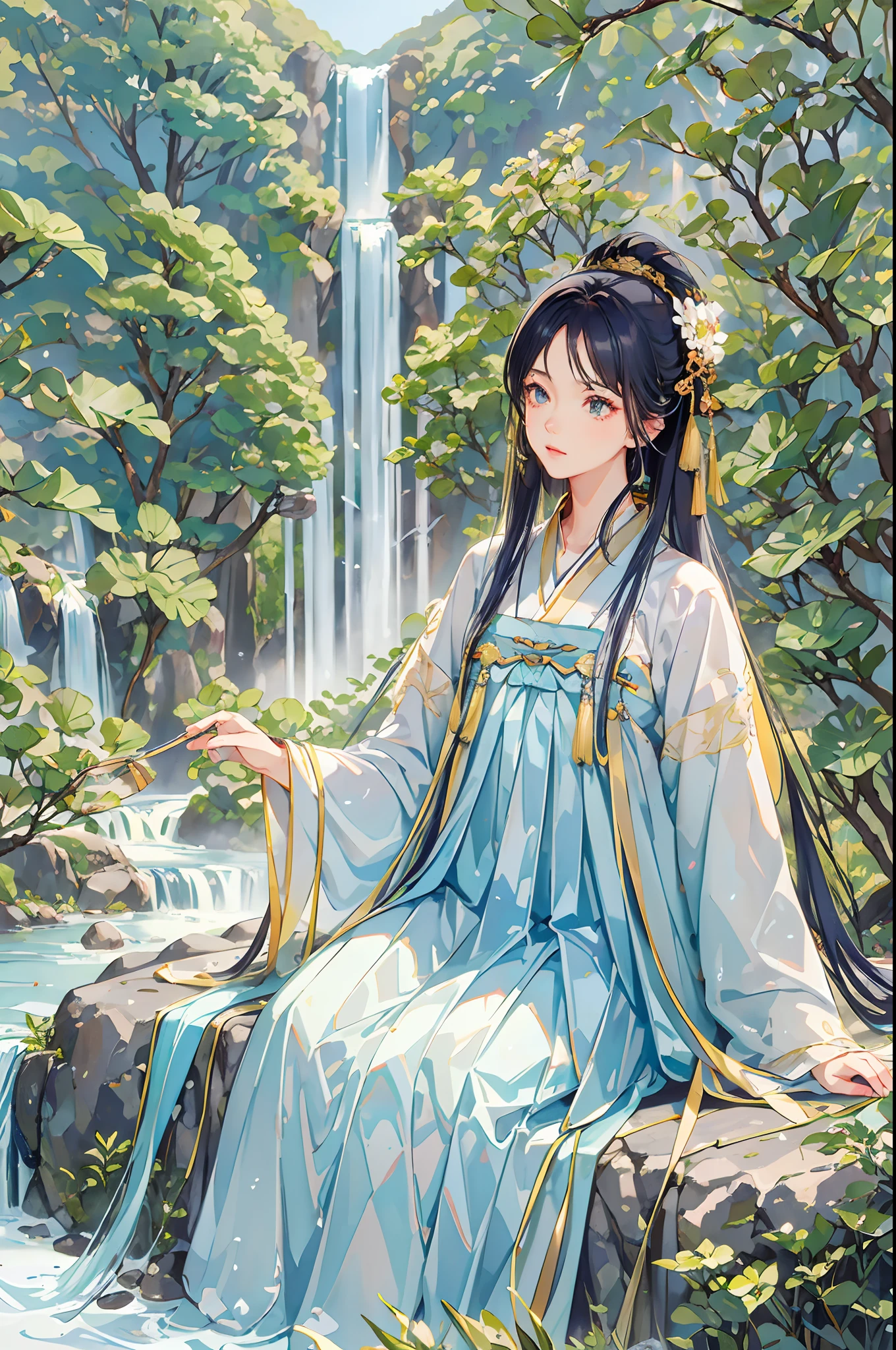 shukezouma,masterpiece, highres, best quality, professional lighting, photon mapping, radiosity, physically-based rendering,1girl solo, sitting,countless waterfalls flowing down from the mountains, pine trees and flowering trees,hanfu, tang style outfits, white long upper shan, blue with white pleated skirt,yellow waistband
