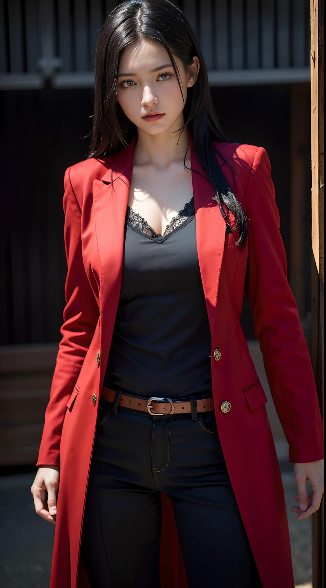 Best quality, masterpiece, ultra high res, (photorealistic:1.4), raw photo, 1girl, black hair, blue eyes,  detailed eyes and face, red suit, dynamic lighting, in the dark, deep shadow, low key, cowboy shot, full-lenght body