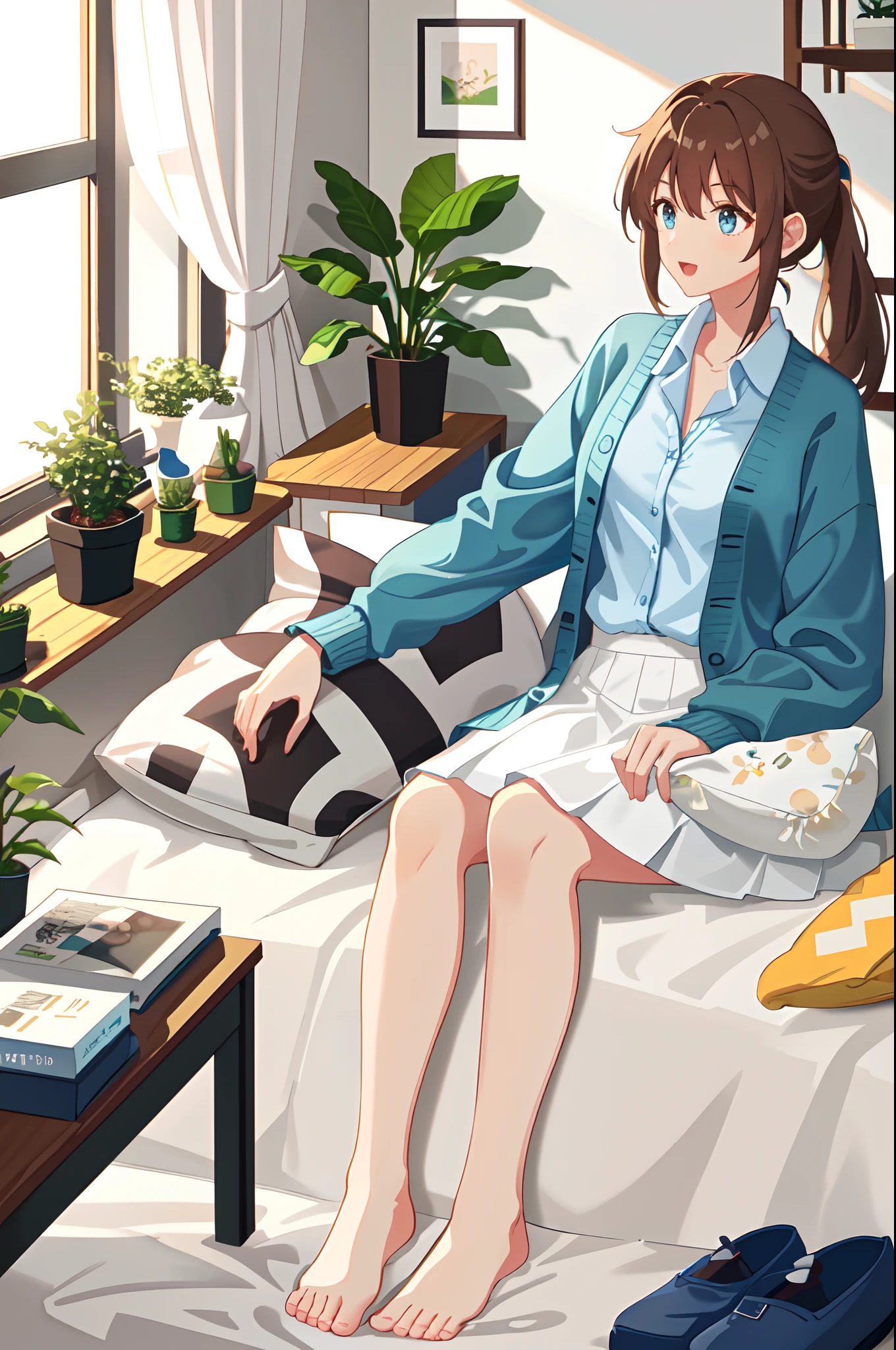 1girl,open_cardigan,white_shirt,ponytail,skirt,blue_eyes,brown_hair,on bed,bedroom,pillow,potted plants,poster,no shoes,best quality,high quality,masterpiece,highres,4k,wallpaper,cinematic lighting,:d