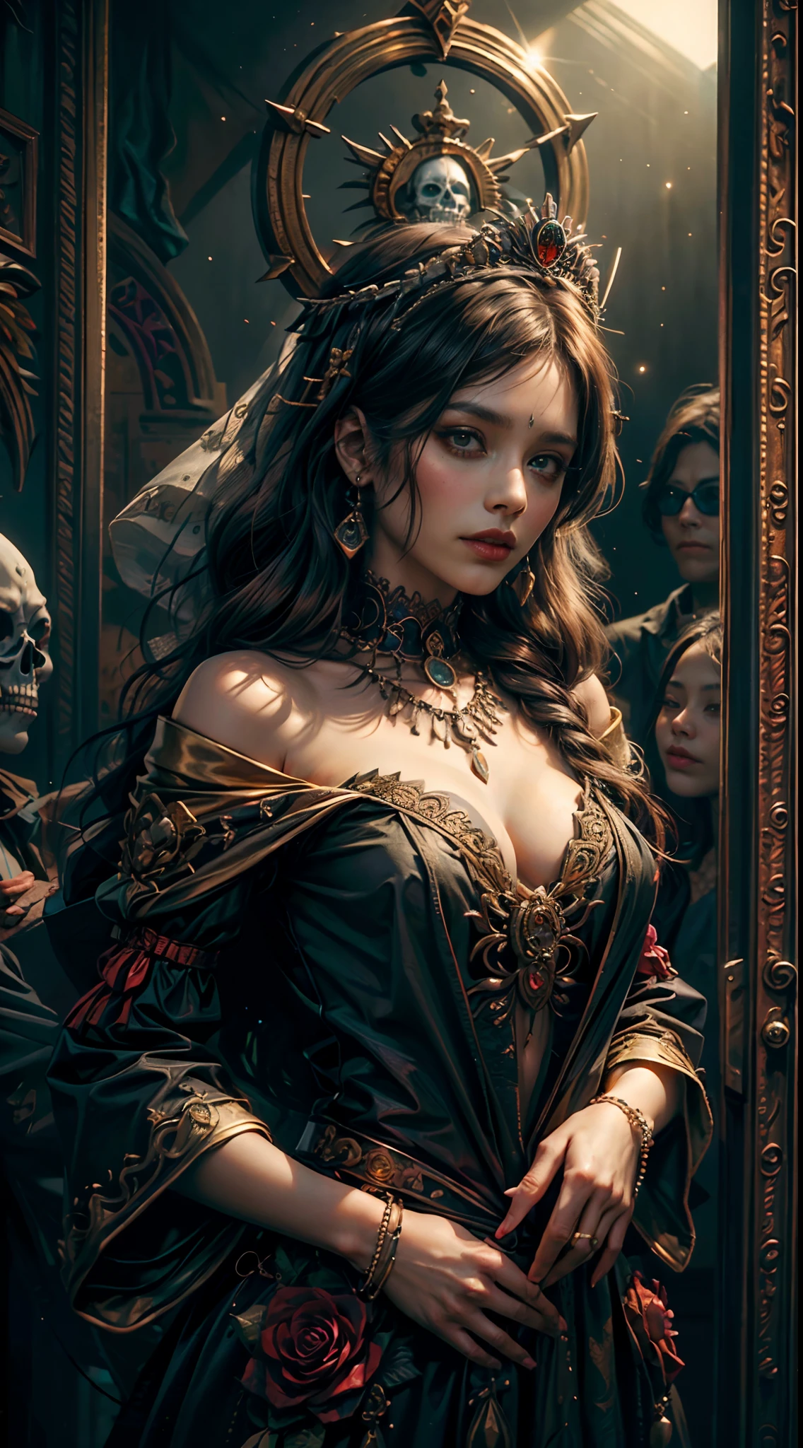 ((corpo inteiro)), (obra-prima, melhor qualidade, realista: 1.37), (intrincado e delicado), (pele e rosto altamente detalhados), (fundo preto), ((colorido)), 1 girl, bela rainha La Catrina em vestido preto adornado em prata, luxuosas vestes escuras com capuz, (com maquiagem dia de los muertos, maquiagem La Catrina), Dark roses and silver skulls adorn its fabric, (a large golden divine halo over his head), (tiara de rosas de metal negro), olhos azuis, (simbolismo religioso), (inspirado em Santa Maria, virgem maria, Rainha das Caveiras, La Catrina, Rainha dos Mortos, Lavi Zupa), (Foto realismo), fundo escuro, environment occlusion, cinematic soft lighting, alto contraste, tema escuro, papel de parede GC 8k, octane render, unreal engine, arte digital.