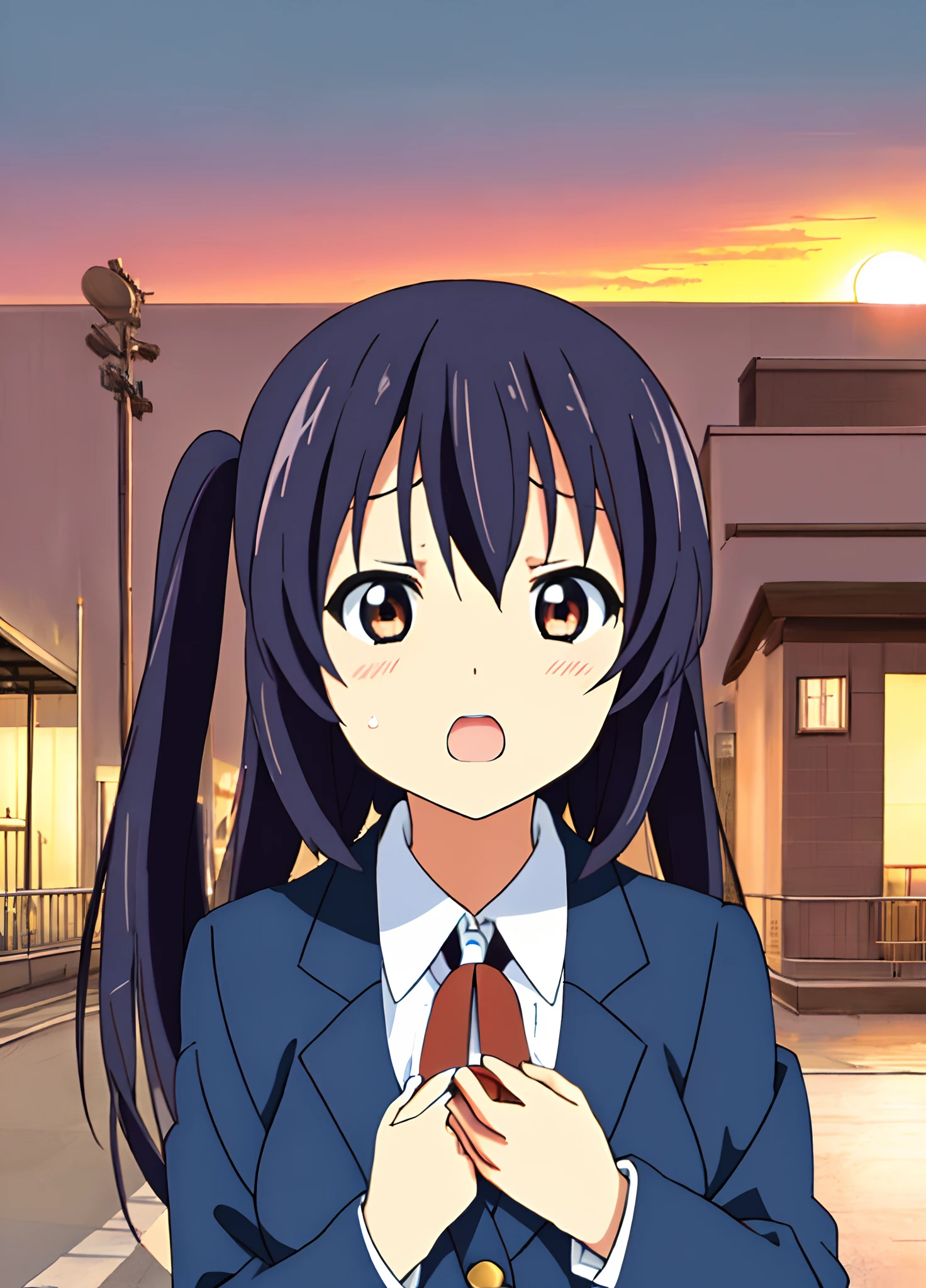 1girl, (((masterpiece))), top-quality, top-quality, High Details, nakano azusa, 1girl, Sakuragaoka High School Uniform, student clothes, Twin-tailed, length hair, A dark-haired, brown-eyed, 独奏, reddish, Dark blue blazer with thin red ribbon, Solid white buttoned shirt under blazer, illustratio, comic strip, soothing tones, Subdued Color, Soft cinematic light, adobe lightroom, photolab, HDR, intricately and hyper-detailed、(((depth of fields))))。(((masterpiece)))。(((top-quality))).)((ultra-detailliert)))。(((illustratio)))。(((takeout))).dynamic focus.big breasts.(((Skyscrapers))).(((A city scape))).(((Face of sadness))). open mouth.(((put hands on the hip))).(((up chest))).((evening glow)).((the setting sun)).