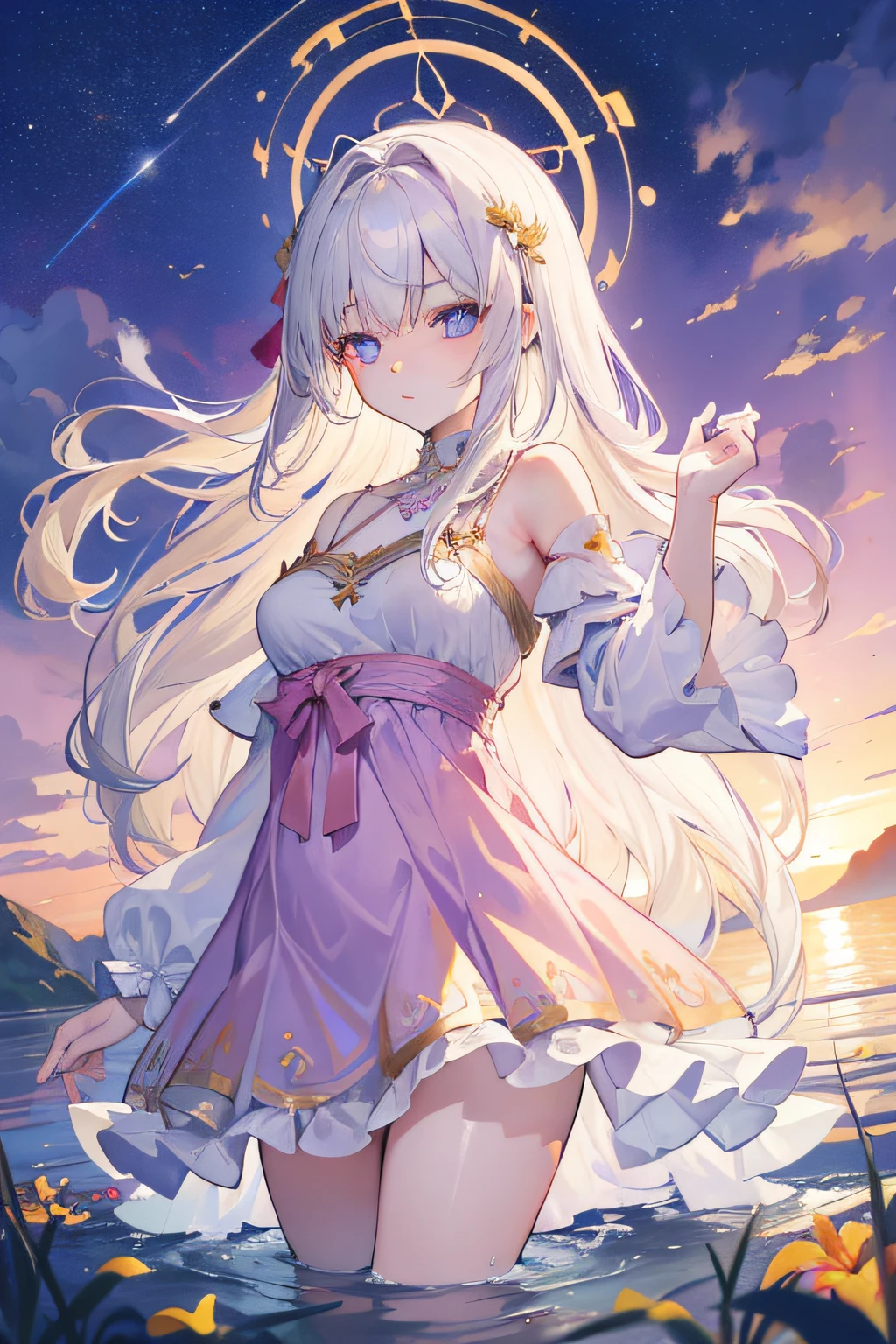 {{{masterpiece}}}, {{best quality}}, {{super fine illustration}}, {{beautiful and delicate water}}, {{beautiful and detailed eyes}, {very detailed light}, {perfect and delicate limbs}, {nature}, {painting}, {water bloom}, {delicate glow}, {{very fine 8KCG wallpaper}}, lavender eyes, peach pink pupils, whole body, white hair, luminous eyes, an extremely delicate and beautiful girl, (1 girl), medium chest circumference, dynamic angle, (Violet dress with gold decoration), (long hair floating everywhere), (beautiful hair decoration), (delicate wet dress), (nsfw), (breeze), long hair blown up, ((messy hair style)), (long bangs between eyes), wrinkled skirt, Flowers meadow, near the water edge, (((sunset)), (less stars form a circle), randomly distributed clouds, (rivers), (willows with branches falling into the water)