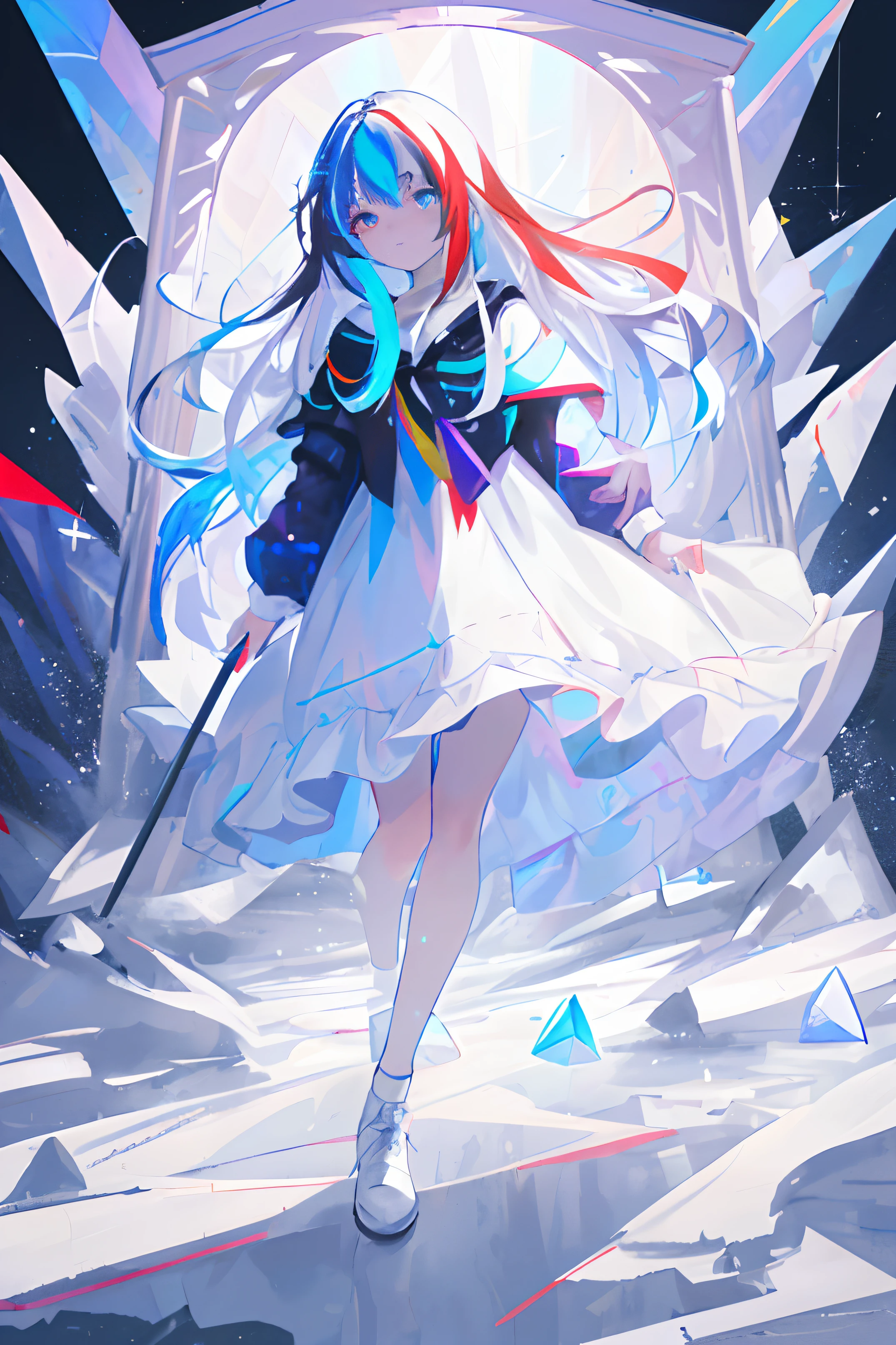 masterpiece, best quility, high_quality, high_resolution, masterpiece*portait, whitespace, 1girl, solo, prism eyes, prism hair, prism, serious, [silver|white] + (blue:-0.3) hair, blue+red eyes, gradient eyes, multicolored eyes, The calming, full body, glowing, glowing eyes, glowing white particles, glitter, bloom