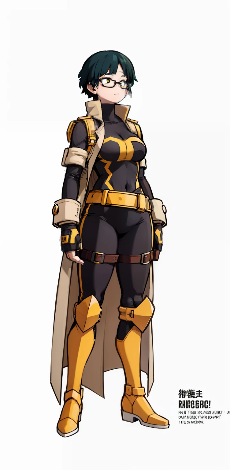 My Hero Academia style, anime Girl, female, wide thighs, wide hips, Large Breast, Blue short hair with green bangs, short hair, jagged bangs, asymmetrical bangs, long side bangs, yellow trench coat, trench coat, open trench coat, high collar trench coat, trench coat, glasses, red frame glasses, round red frame glasses, green eyes, Joyful Gaze, black pants, black belt, black shirt, trending on artstation pixiv, (full body shot:0.5), Masterpiece, fullbody suit, Hero costume, Perfect Anatomy, Super Detailed,