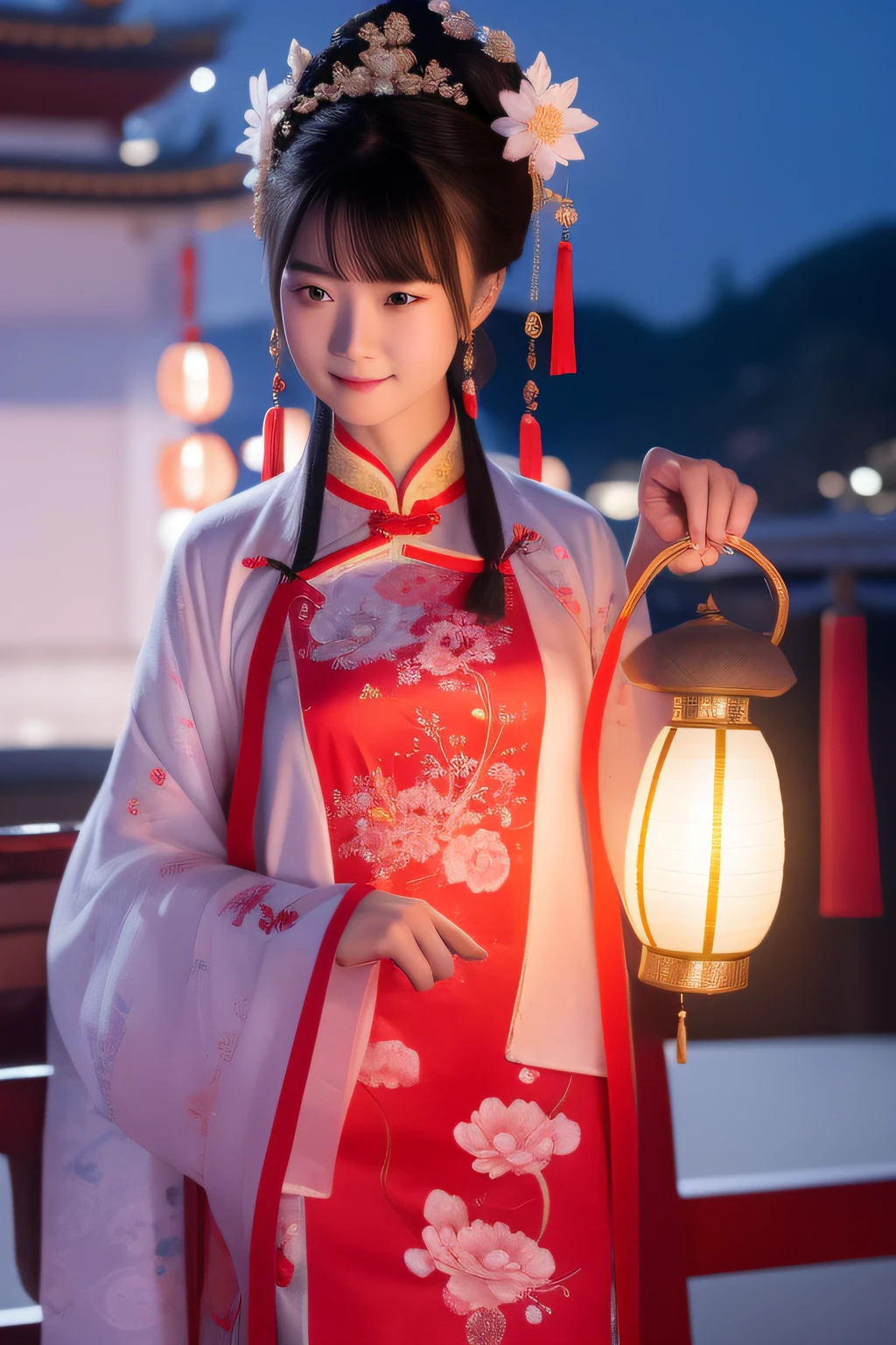 the night,A woman in Chinese clothing carries a lantern