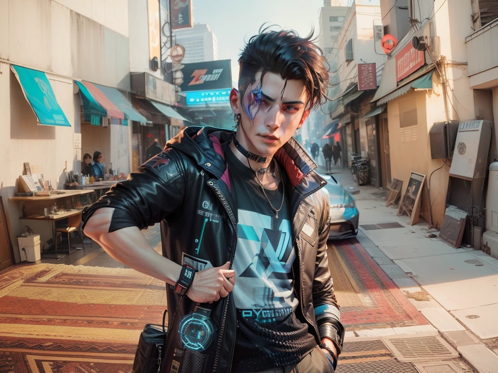 Change background cyberpunk handsome boy. realistic face. 8k. ultra realistic