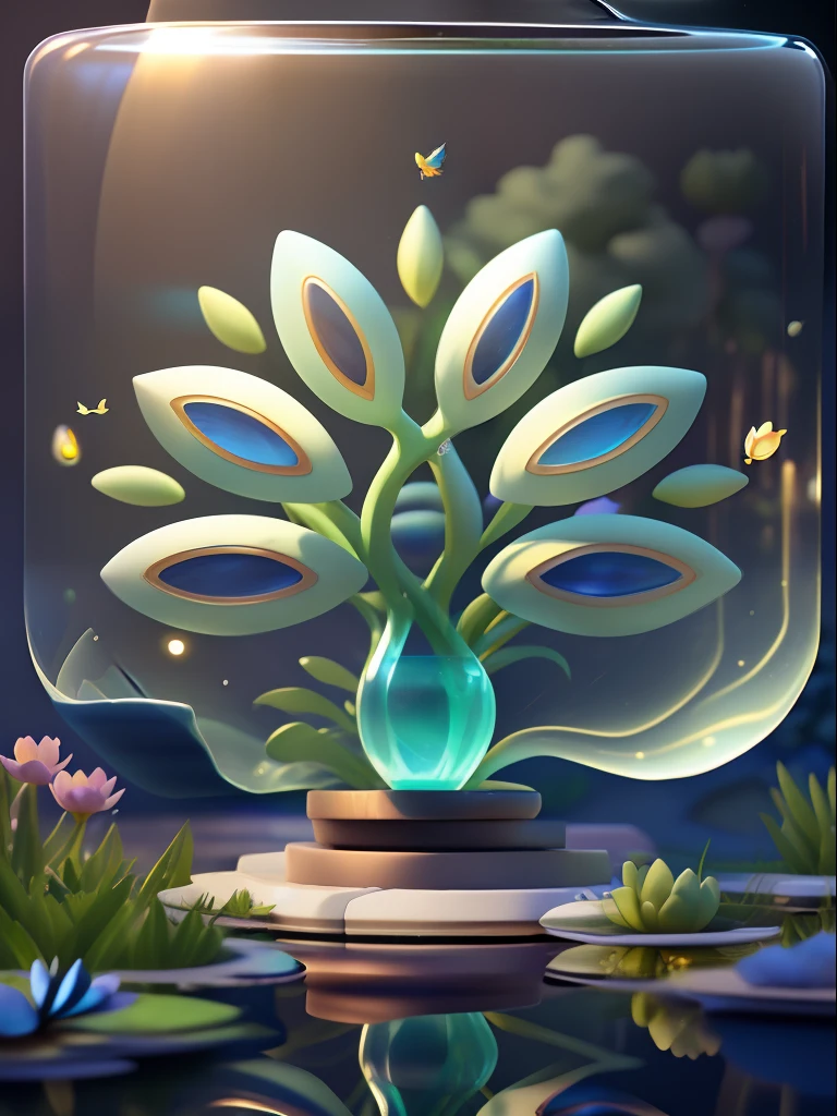 Masterpiece,((Clean glass,Shine:1.2,(Transparent:1.3),The sheen)),Best quality,(pixar-style:1.),(In one,At night,Surrounded by glowing plants,Flowers,Flying fireflies,bonfires)(Ultra detailed,Aesthetic,Beautiful composition, rich in bright colors,volumetric soft light)4K,Reflection in the water,Water ripples are inspired by Alice in Wonderland,Handmade fairy tales are unreal and alarming,Octane rendering cute rendering,a 3D render,Adobe Photoshop,Awesome beauty