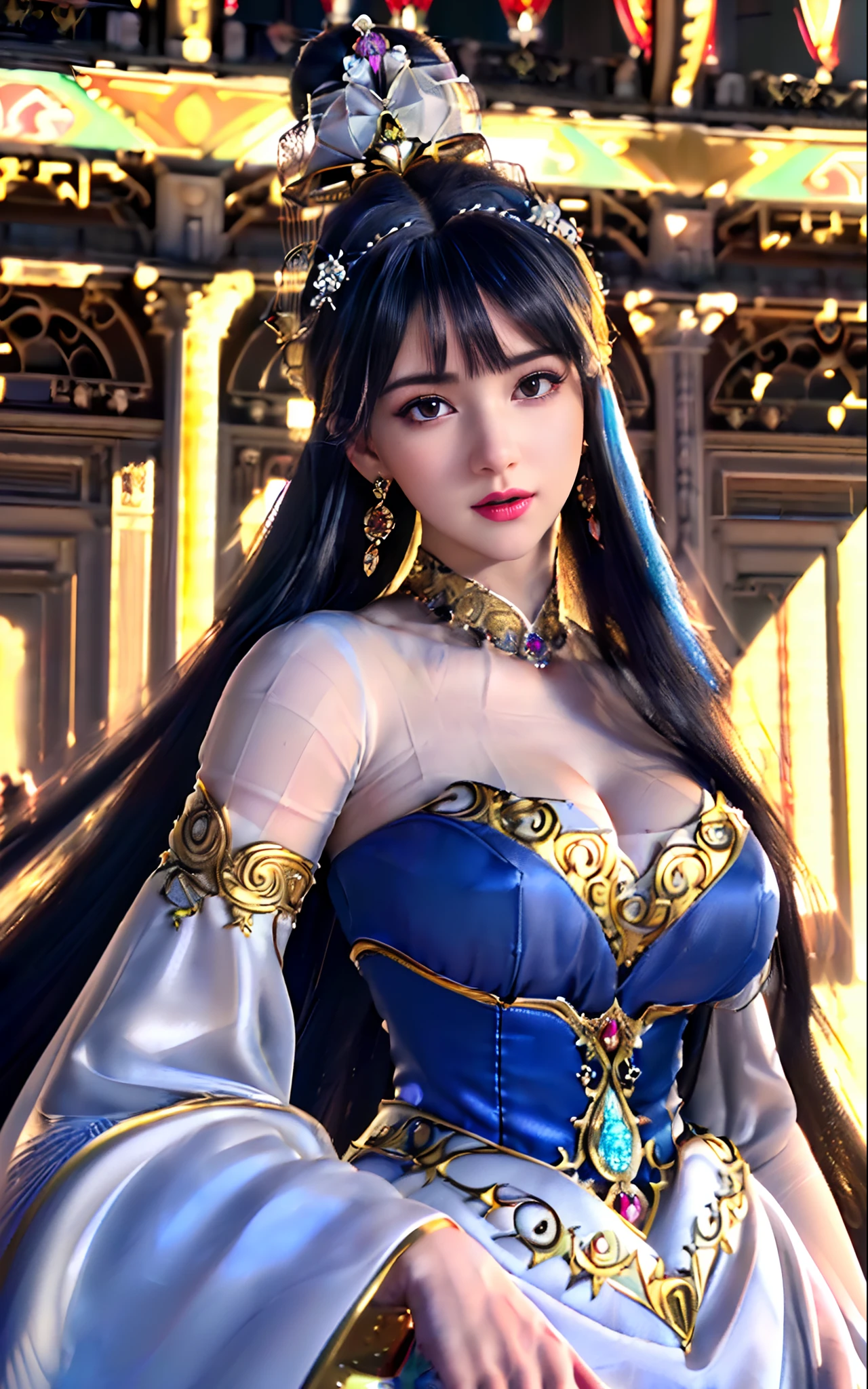 ((realisticity: 1.2)), ((realistic: 8K UHD)), ((best resolution: 8K UHD)), hyper detailed, best quality,masterpiece,highres,cg,
((1 hyper detailed and hyper realistic girl)), ((very beautiful queen dazzling, hyper realistic, and hyper detailed)),((white skin, beautiful, smooth, youthful, hyper realistic and hyper detailed
)), ((Hyper beautiful face, white, hyper realistic and hyper detailed)), long hair, ((hyper realistic and hyper detailed dress)), solo, ((hyper realistic, hyper beautiful, gorgeous and hyper detailed jewelry)), ((hyper beautiful, hyper realistic and hyper detailed dark red and golden yellow dress)),
((Hyper beautiful, hyper realistic, hyper detailed diamond filled earrings)),
  ((Hyper beautiful, hyper realistic and hyper detailed diamond filled hair ornament)), ((hyper beautiful upper body, hyper beautiful, hyper 
 realistic and hyper detailed)), ((big breasts: 2.5)), 
((Hyper grand, hyper realistic and hyper detailed royal palace backgroun))
((Hyper beautiful, hyper beautiful, hyper realistic and hyper detailed hair bun)), ((hyper beautiful, hyper realistic and hyper detailed blue hair)),
candid, Photograph, high resolution, 8k,Bokeh,