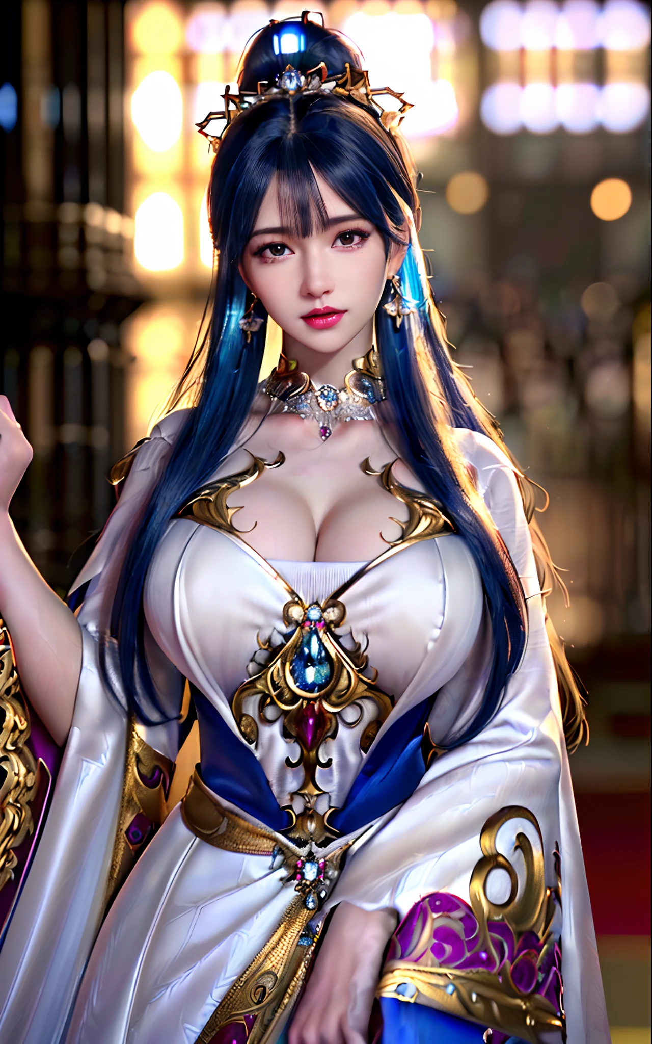 ((realisticity: 1.2)), ((realistic: 8K UHD)), ((best resolution: 8K UHD)), hyper detailed, best quality,masterpiece,highres,cg,
((1 hyper detailed and hyper realistic girl)), ((very beautiful queen dazzling, hyper realistic, and hyper detailed)),((white skin, beautiful, smooth, youthful, hyper realistic and hyper detailed
)), ((Hyper beautiful face, white, hyper realistic and hyper detailed)), long hair, ((hyper realistic and hyper detailed dress)), solo, ((hyper realistic, hyper beautiful, gorgeous and hyper detailed jewelry)), ((hyper beautiful, hyper realistic and hyper detailed dark red and golden yellow dress)),
((Hyper beautiful, hyper realistic, hyper detailed diamond filled earrings)),
((Hyper beautiful, hyper realistic and hyper detailed diamond filled hair ornament)), ((hyper beautiful upper body, hyper beautiful, hyper
realistic and hyper detailed)), ((big breasts: 2.5)),
((Hyper grand, hyper realistic and hyper detailed royal palace backgroun))
((Hyper beautiful, hyper beautiful, hyper realistic and hyper detailed hair bun)), ((hyper beautiful, hyper realistic and hyper detailed blue hair)),
candid, Photograph, high resolution, 8k,Bokeh,