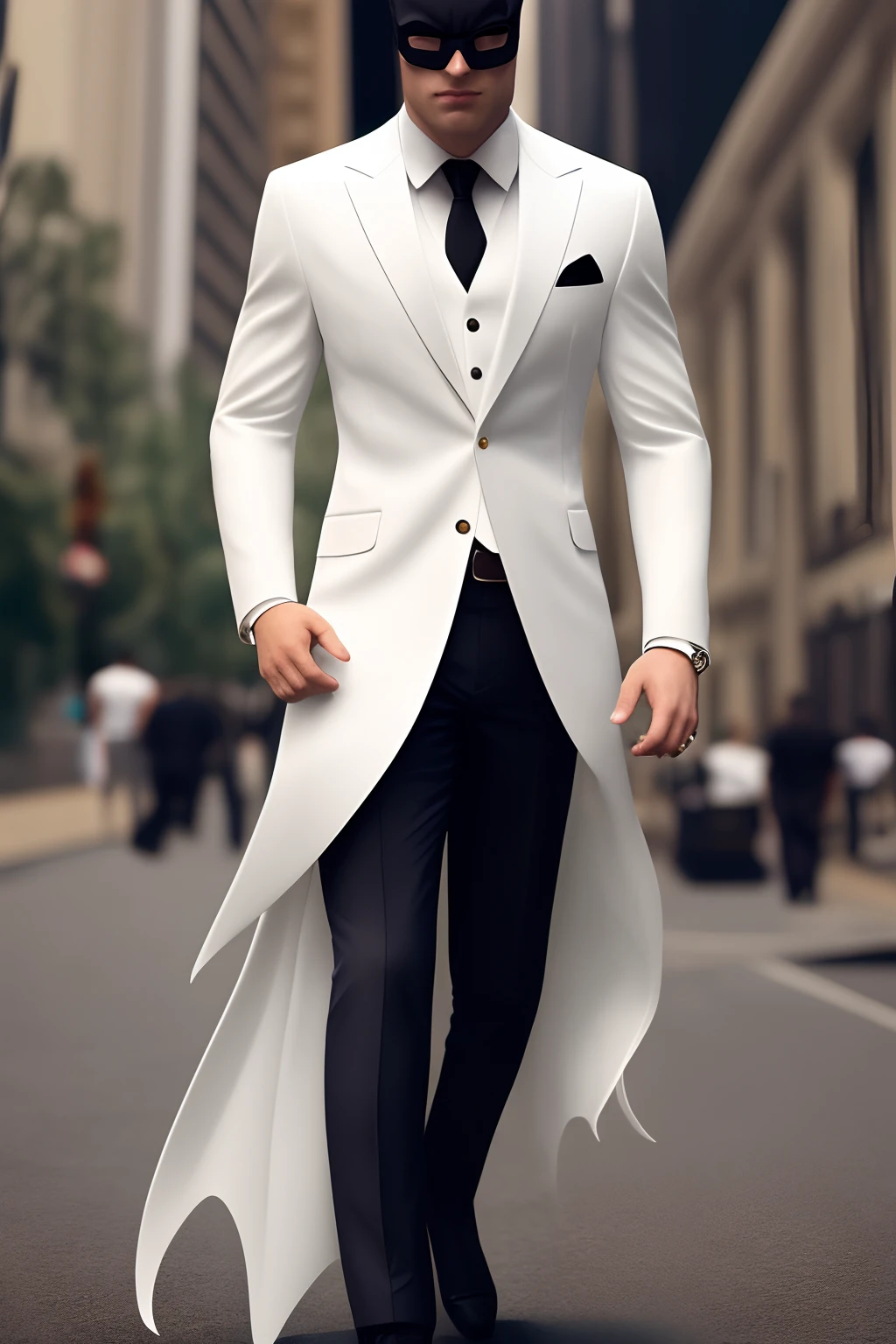 Bat man, white and gold colour suit, 4khigh quality, high resolution,hyper detail, realistic,3D