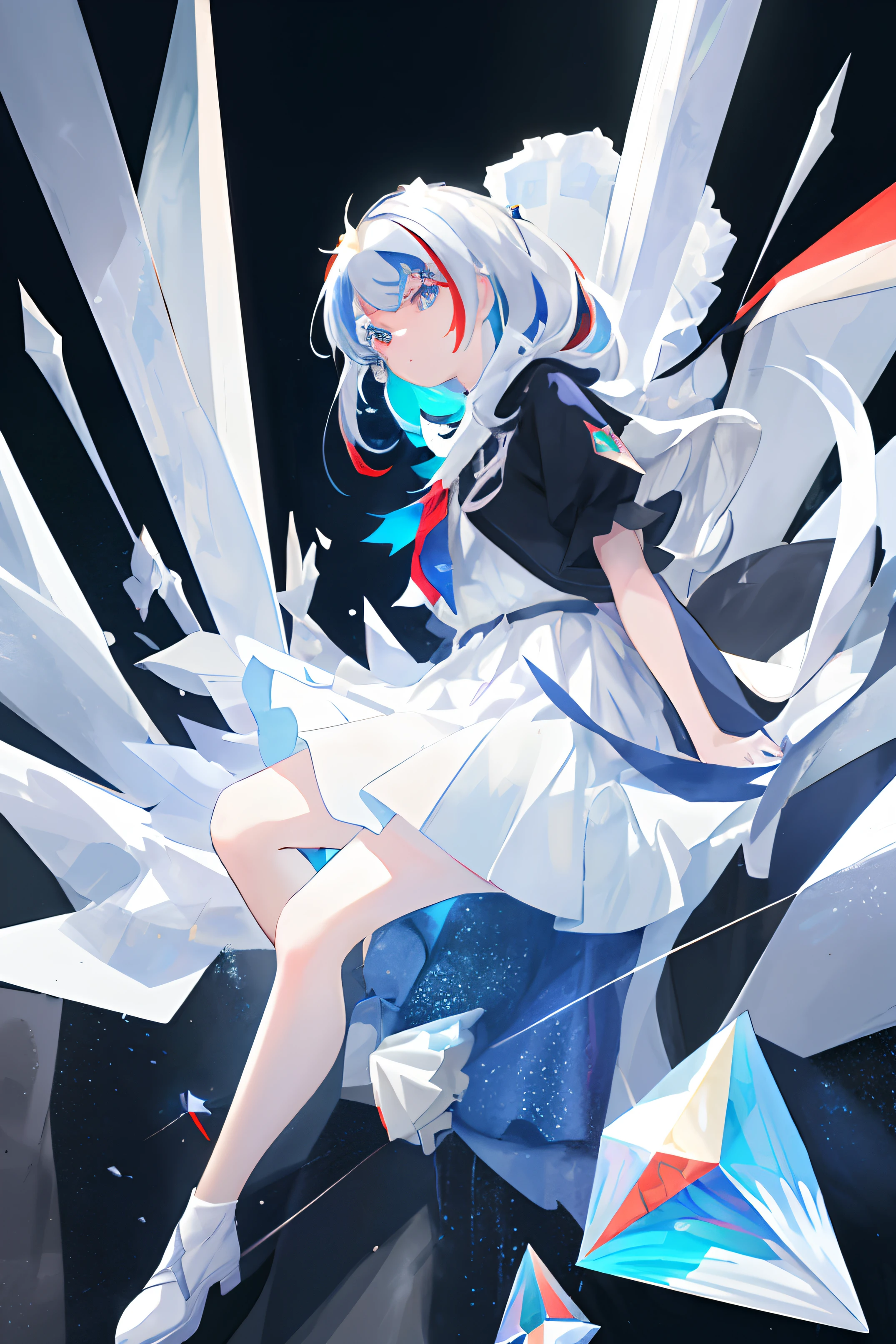 masterpiece, best quility, high_quality, high_resolution, masterpiece*portait, whitespace, 1girl, solo, prism eyes, prism hair, prism, serious, [silver|white] + (blue:-0.3) hair, blue+red eyes, gradient eyes, multicolored eyes, The calming, full body, glowing, glowing eyes, glowing white particles, glitter, bloom