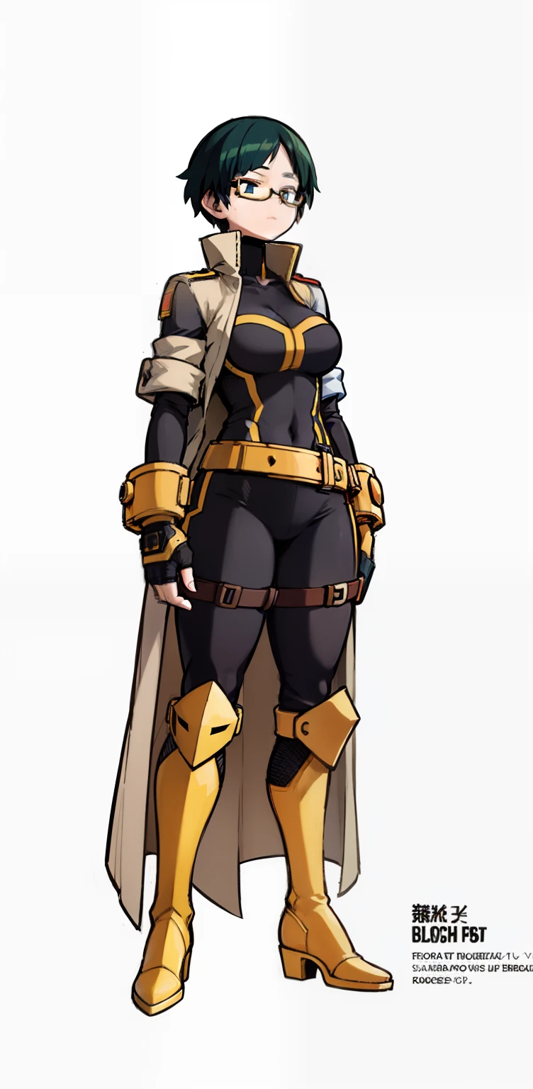 My Hero Academia style, anime Girl, female, wide thighs, wide hips, Large Breast, Blue short hair with green bangs, short hair, jagged bangs, asymmetrical bangs, long side bangs, yellow trench coat, trench coat, open trench coat, high collar trench coat, trench coat,  glasses, red frame glasses, round red frame glasses, green eyes, Joyful Gaze, black pants, black belt, black shirt, trending on artstation pixiv, (full body shot:0.5), Masterpiece, fullbody suit, Hero costume, Perfect Anatomy, Super Detailed,