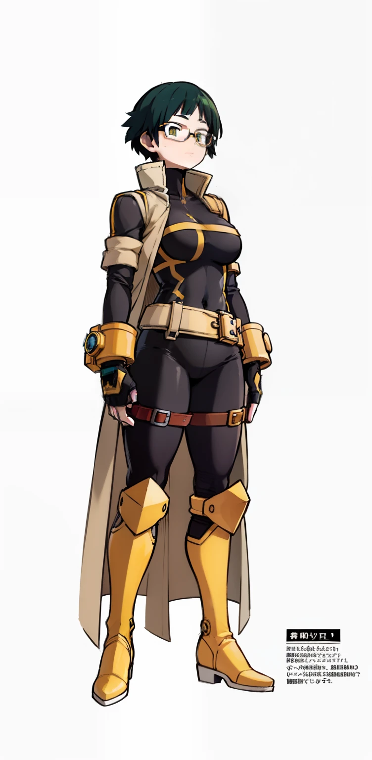 My Hero Academia style, anime Girl, female, wide thighs, wide hips, Large Breast, Blue short hair with green bangs, short hair, jagged bangs, asymmetrical bangs, long side bangs, yellow trench coat, trench coat, open trench coat, high collar trench coat, trench coat, glasses, red frame glasses, round red frame glasses, green eyes, Joyful Gaze, black pants, black belt, black shirt, trending on artstation pixiv, (full body shot:0.5), Masterpiece, fullbody suit, Hero costume, Perfect Anatomy, Super Detailed,