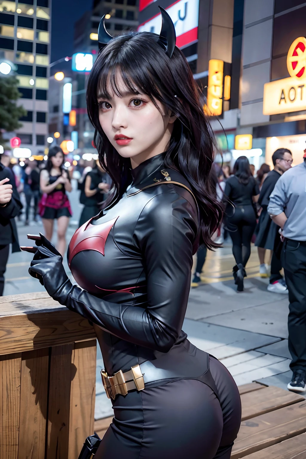 Foto Nikon RAW,8 mil,Fujifilm XT3,master part, ray tracing, 8k, Cyberpunk Scenario, best quality, 1girl, batwoman, batgirl,sozinho,Realistic, fotorrealista,Ultra Detalhado,depth of view,Fotografe de perto,
Executando, uma roupa de batwoman elegante e moderna em tons de preto e amarelo, um olhar determinado em seu rosto, Gothic and futuristic buildings, Ambiente noir,
momo1,