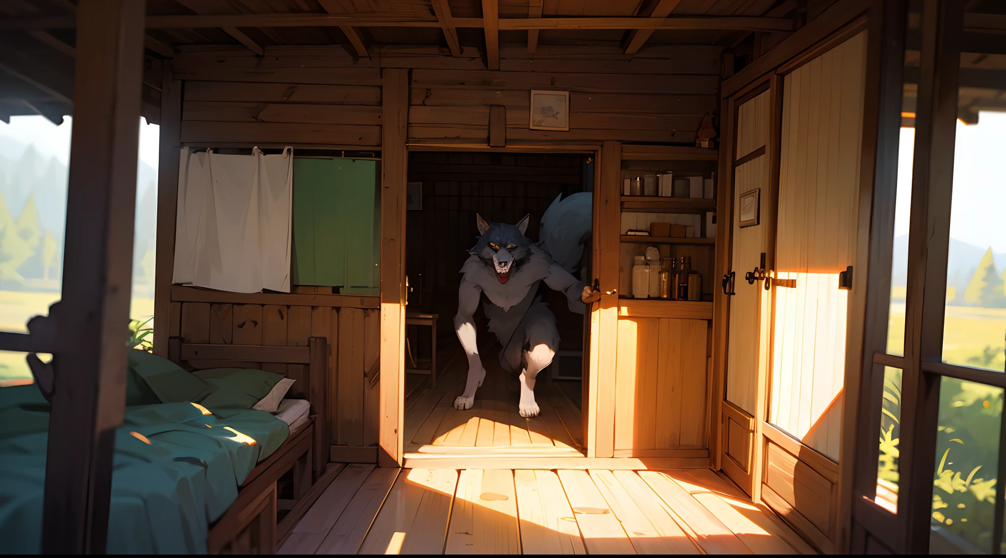 top-quality、hight resolution、detaileds、Inside a hut in the wilderness、Western style、werewolf3There are people、