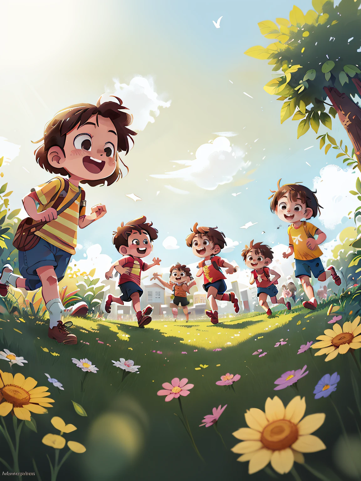 There are small flowers in the meadow,Light and shadow mottled,The sky is clear,the Sun Shining,Trees are full of life