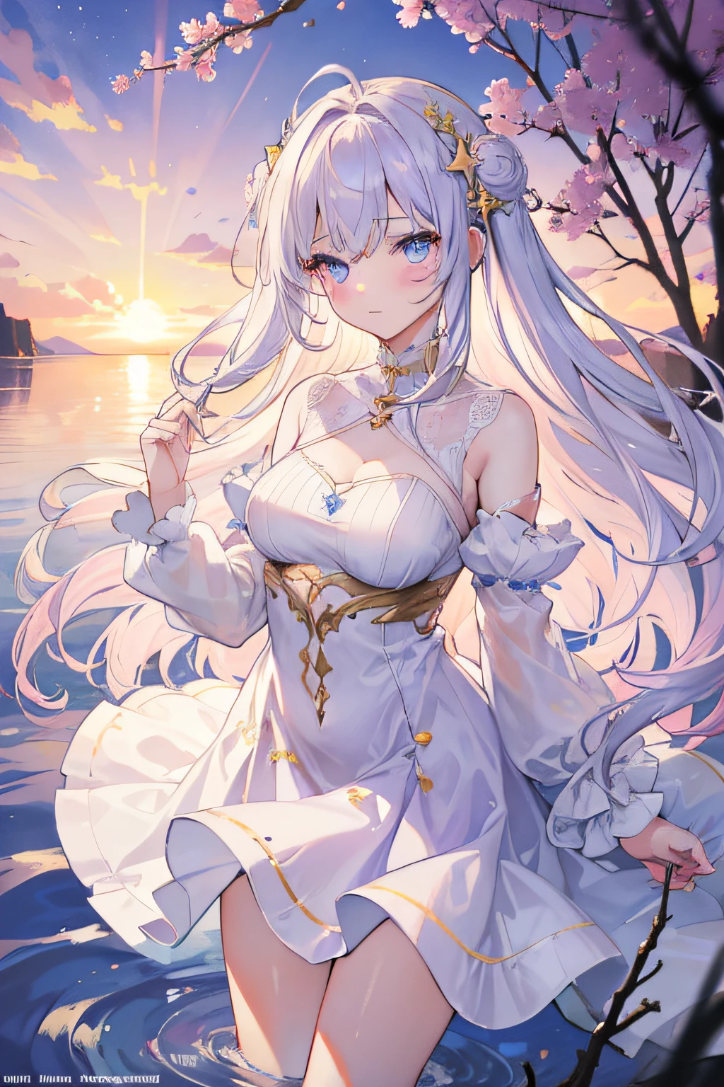 {{{masterpiece}}}, {{best quality}}, {{super fine illustration}}, {{beautiful and delicate water}}, {{beautiful and detailed eyes}, {very detailed light}, {perfect and delicate limbs}, {nature}, {painting}, {water bloom}, {delicate glow}, {{very fine 8KCG wallpaper}}, lavender eyes, peach pink pupils, whole body, white hair, luminous eyes, an extremely delicate and beautiful girl, (1 girl), medium chest circumference, dynamic angle, (Violet dress with gold decoration), (long hair floating everywhere), (beautiful hair decoration), (delicate wet dress), (nsfw), (breeze), long hair blown up, ((messy hair style)), (long bangs between eyes), wrinkled skirt, Flowers meadow, near the water edge, (((sunset)), (less stars form a circle), randomly distributed clouds, (rivers), (willows with branches falling into the water)