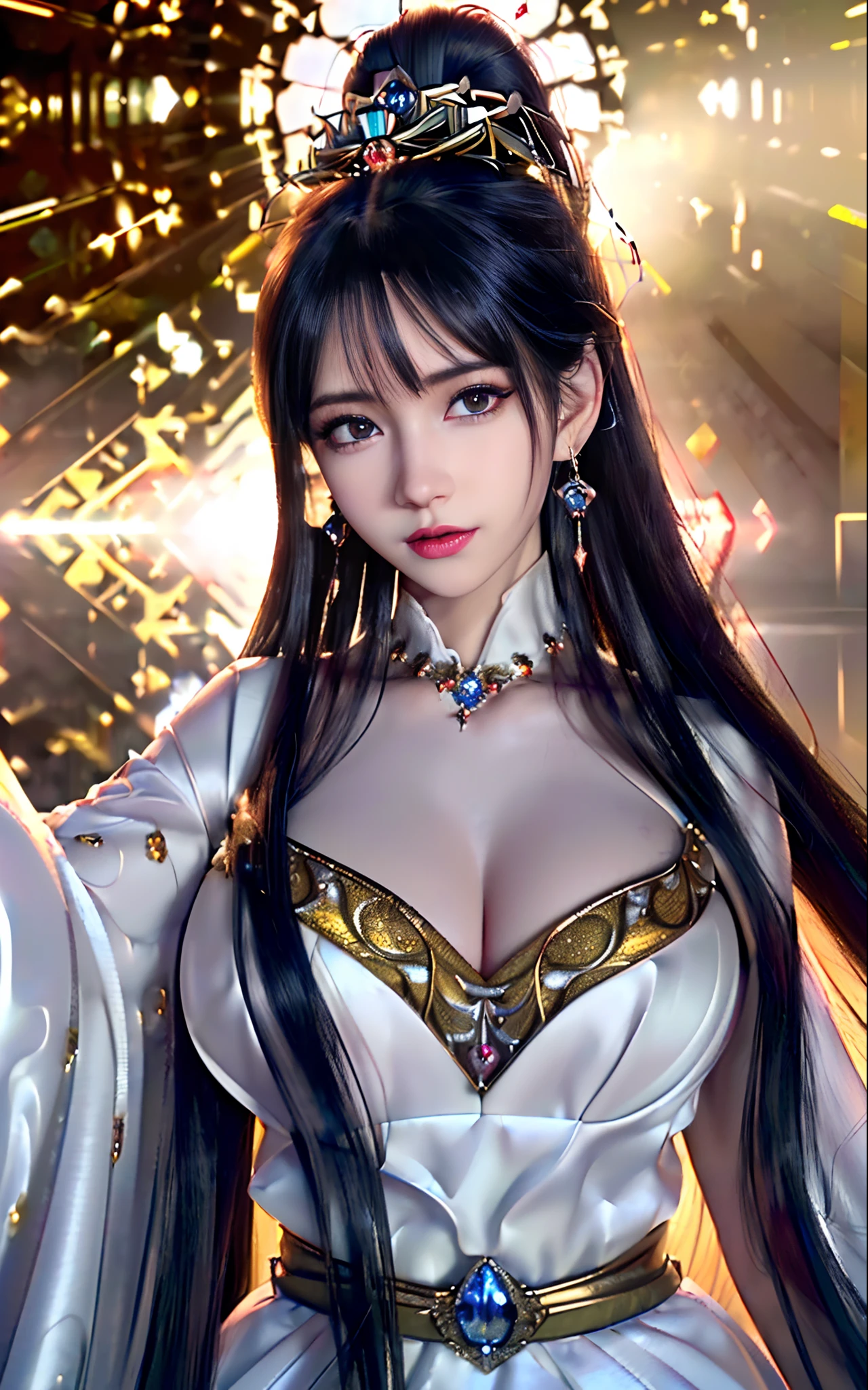 ((realisticity: 1.2)), ((realistic: 8K UHD)), ((best resolution: 8K UHD)), hyper detailed, best quality,masterpiece,highres,cg,
((1 hyper detailed and hyper realistic girl)), ((very beautiful queen dazzling, hyper realistic, and hyper detailed)),((white skin, beautiful, smooth, youthful, hyper realistic and hyper detailed
)), ((Hyper beautiful face, white, hyper realistic and hyper detailed)), long hair, ((hyper realistic and hyper detailed dress)), solo, ((hyper realistic, hyper beautiful, gorgeous and hyper detailed jewelry)), ((hyper beautiful, hyper realistic and hyper detailed dark red and golden yellow dress)),
((Hyper beautiful, hyper realistic, hyper detailed diamond filled earrings)),
  ((Hyper beautiful, hyper realistic and hyper detailed diamond filled hair ornament)), ((hyper beautiful upper body, hyper beautiful, hyper 
 realistic and hyper detailed)), ((???????????: 2.5)), 
((Hyper grand, hyper realistic and hyper detailed royal palace backgroun))
((Hyper beautiful, hyper beautiful, hyper realistic and hyper detailed hair bun)), ((hyper beautiful, hyper realistic and hyper detailed blue hair)),
candid, Photograph, high resolution, 8k,Bokeh,