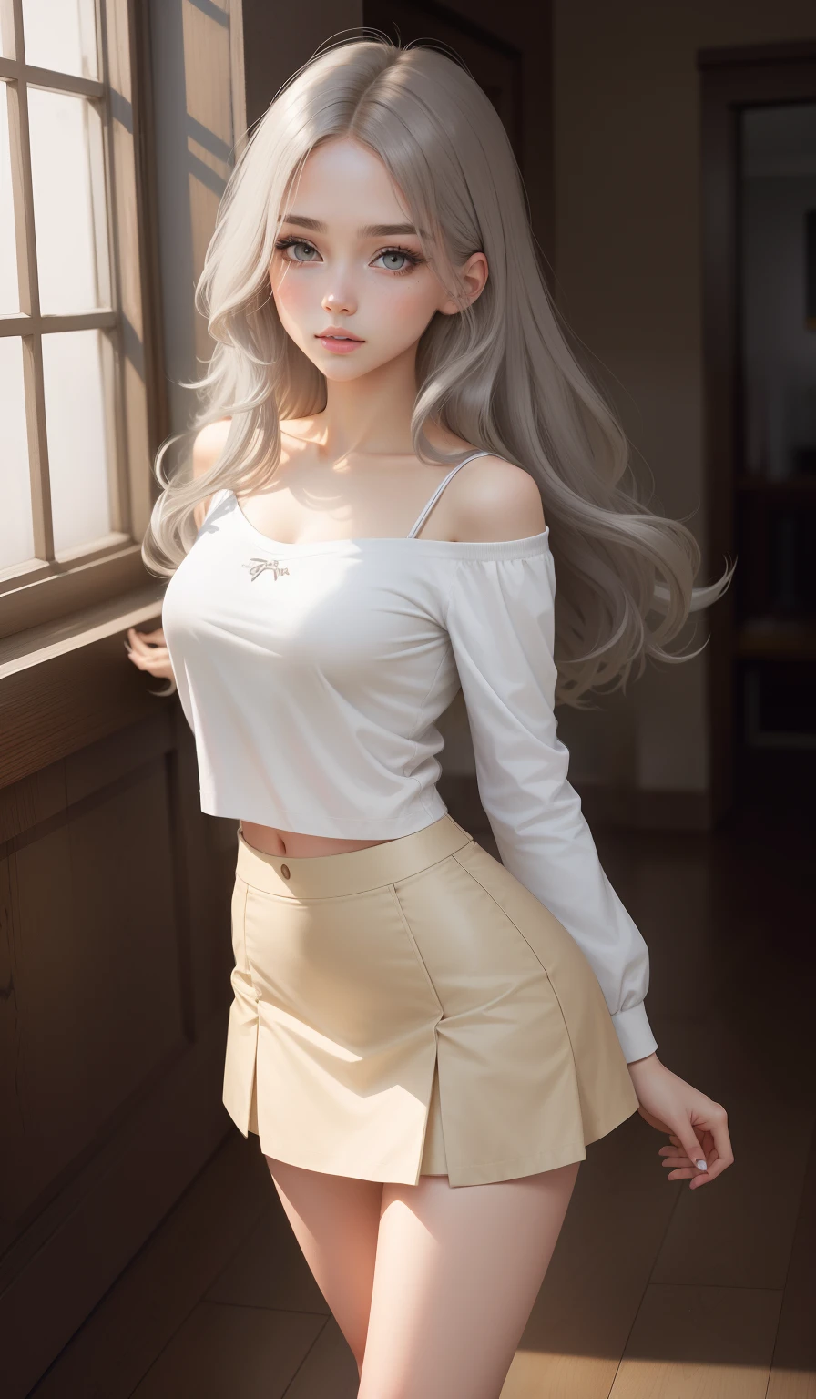 a woman in a casual clothing, white long sleeve T-shirt and circle skirt ,converse shoes, 17 years old, adult face, shoulder length slightly wavy hair, ((mix of deep taupe and taupe grey coloured hair)) and gleaming detailed vibrant hazel eyes, slim frame, medium breasts, long legs, beautiful face, medium butt size, small feet size, small hand size, perfect hands, scary face, beautiful face, pretty face, hot woman, British woman, cream skin, small soft pink lips , small to medium breast size, sharp features, slim hourglass figure, ashen hair, soft features