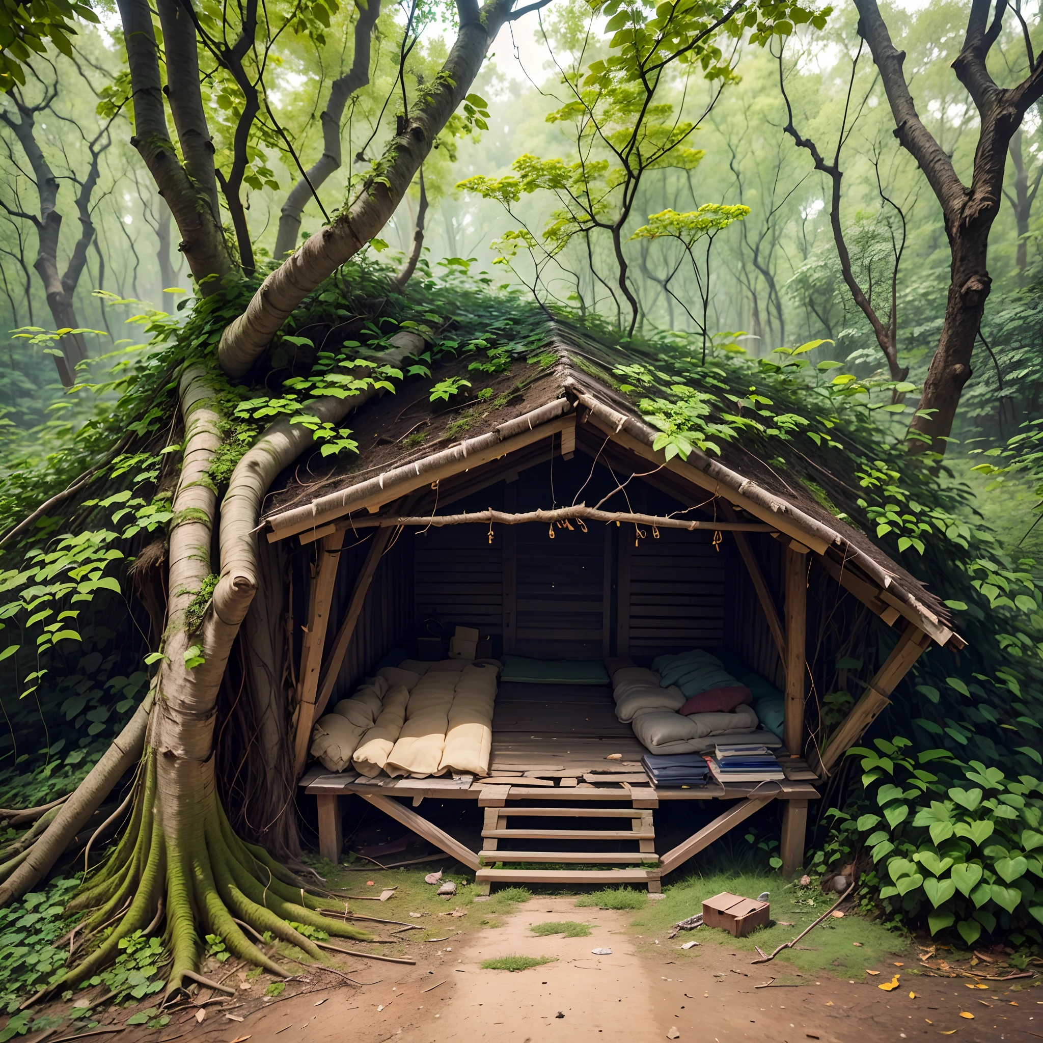 Visuals of a makeshift shelter made from branches and leaves"4k hd --auto --s2