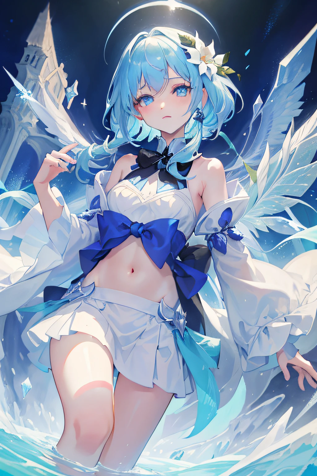 (((masterpiece))),best quality, illustration,(beautiful detailed girl),beautiful detailed glow,detailed ice,beautiful detailed water,(beautiful detailed eyes),expressionless,beautiful detailed white gloves, (floating palaces:1.2),azure hair,disheveled hair,long bangs, hairs between eyes, (skyblue dress),black ribbon,white bowties,midriff,{{{half closed eyes}}},,big forhead,blank stare,flower,large top sleeves,(((ice crystal texture wings))),{{{{{{{{Iridescence and rainbow hair:2.5}}}}}}},{{{{{{detailed cute anime face}}}}}},{{loli}},{{{{{watercolor_(medium)}}}},(((masterpiece)))