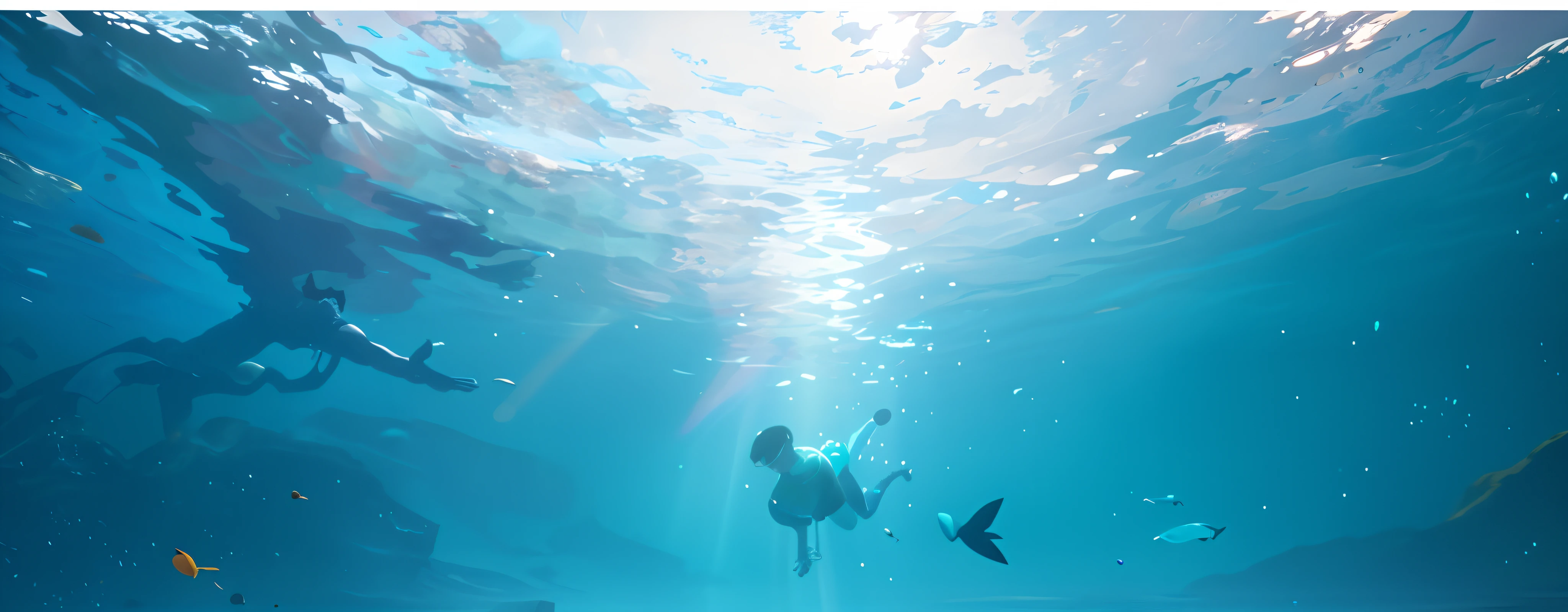 Colorful pigments wafting from the sea level,There was a man swimming in the sea,Lots of fish, Inspired by Atey ghailan, atey ghailan 8 k, in style of atey ghailan, wallpaper anime blue water, Blue sea. By Makoto Shinkai, by Atey Ghailan, abzu, Makoto Shinkai Cyril Rolando, bubbly underwater scenery,8k smooth, RAW photo, Best quality, Masterpiece:1.4,Cinematic art ultra high resolution, Ultra-detailed, Hyper-realistic,Realistic rendering and detail,v-ray