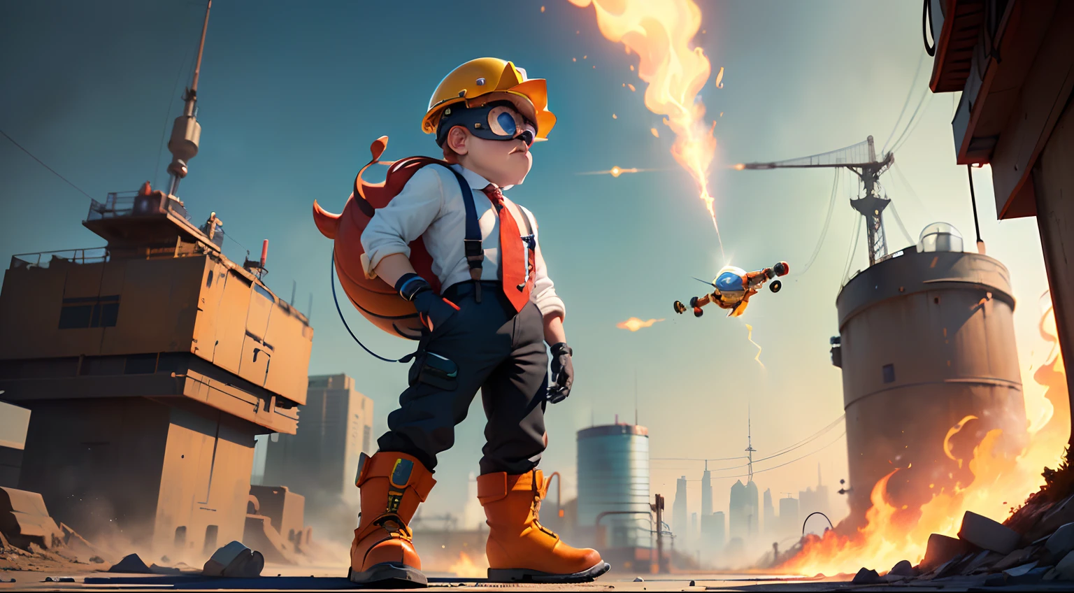 cartoon character，younge boy，robotnik，Wear a hard hat，Tie a tie，wearing boots，red tinted hair，There is a sense of technology，Mechanical energy，nothing background