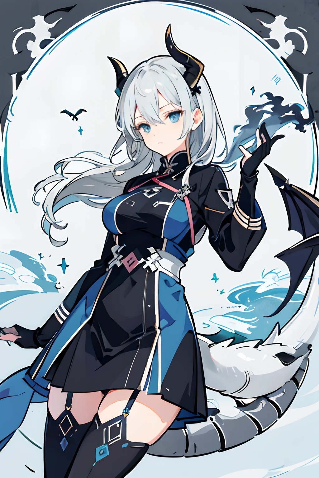 medium boob，Gray hair，blue grey eyes，Peaceful and gentle，Dragon girl，devil horns，Dragon tail，style of anime，Stockings，校服，black glove，solo person