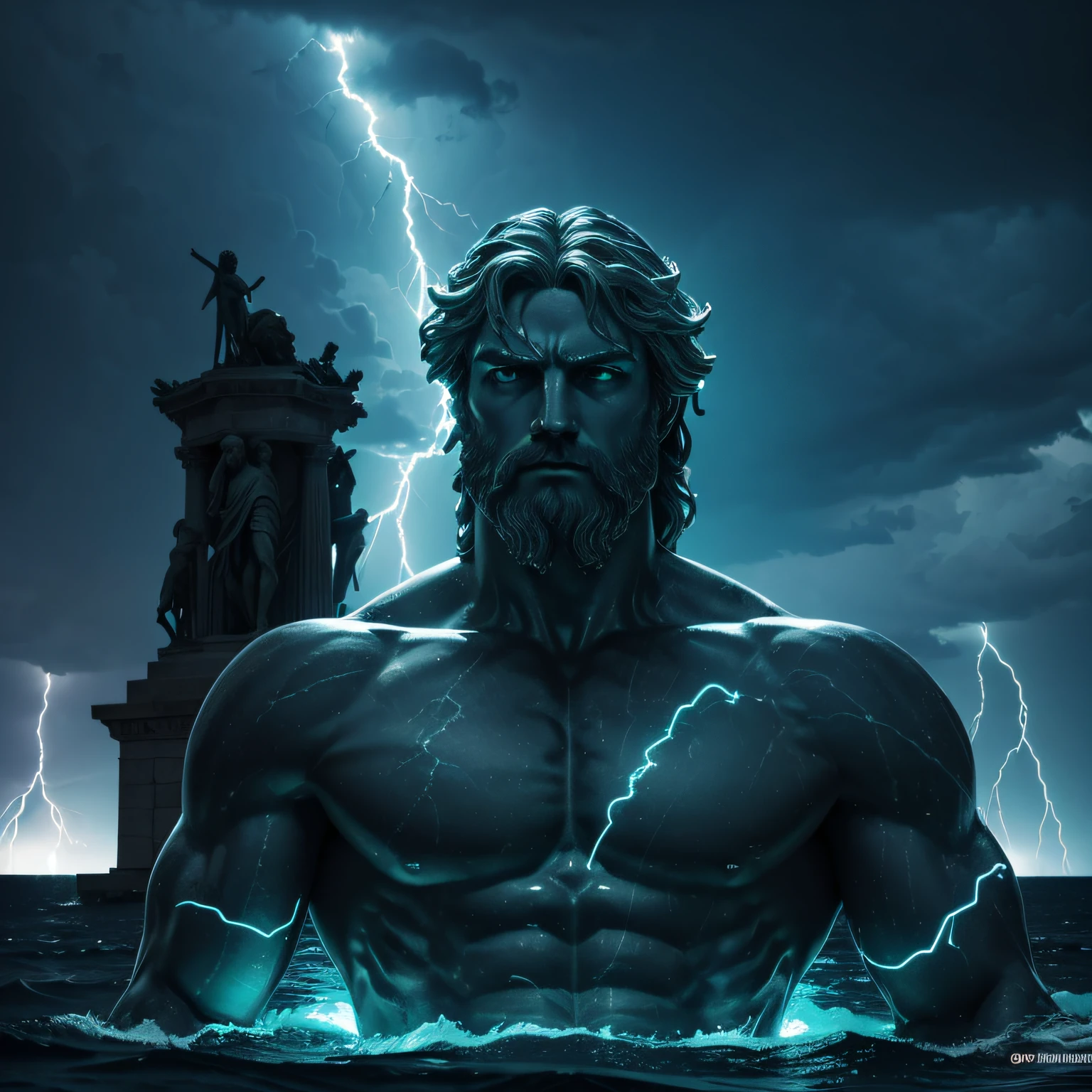 (neon lightning around the head:1.1), monumento, (Head Close-up), Epic poseidon scene, lightnings, foco nítido, fantasia, arte conceitual, dynamic  lighting, Epic composition, estilo Michelangelo