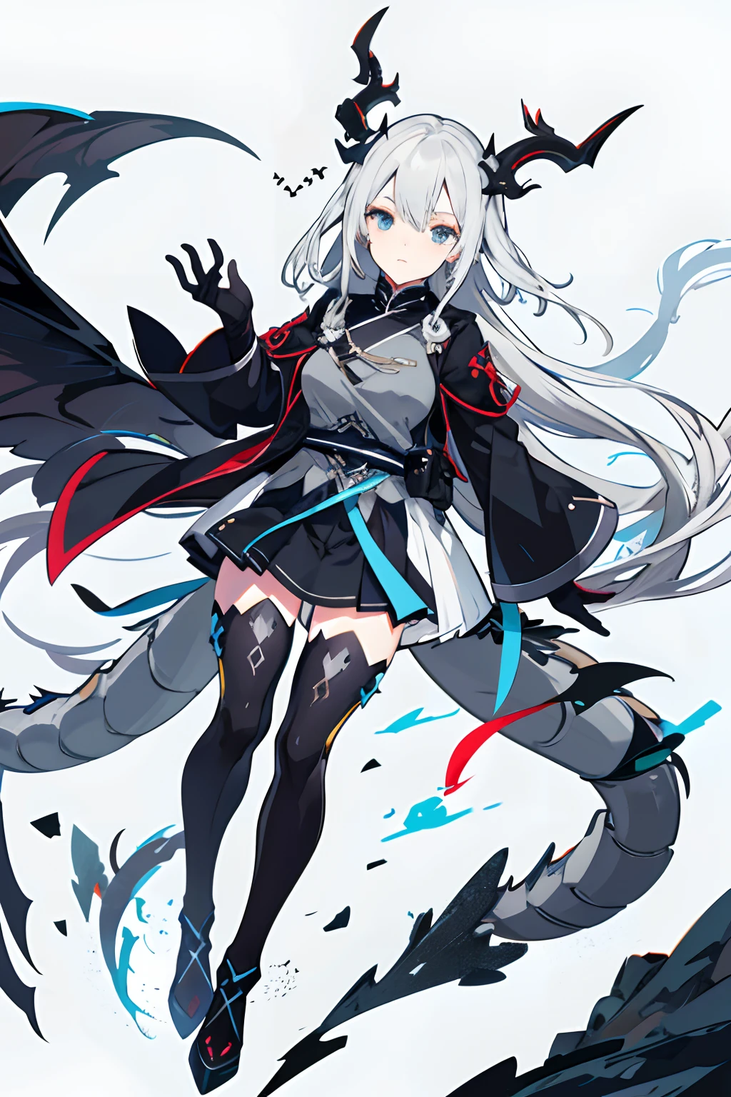 medium boob，Gray hair，blue grey eyes，Peaceful and gentle，Dragon girl，devil horns，Dragon tail，style of anime，Stockings，校服，black glove，solo person