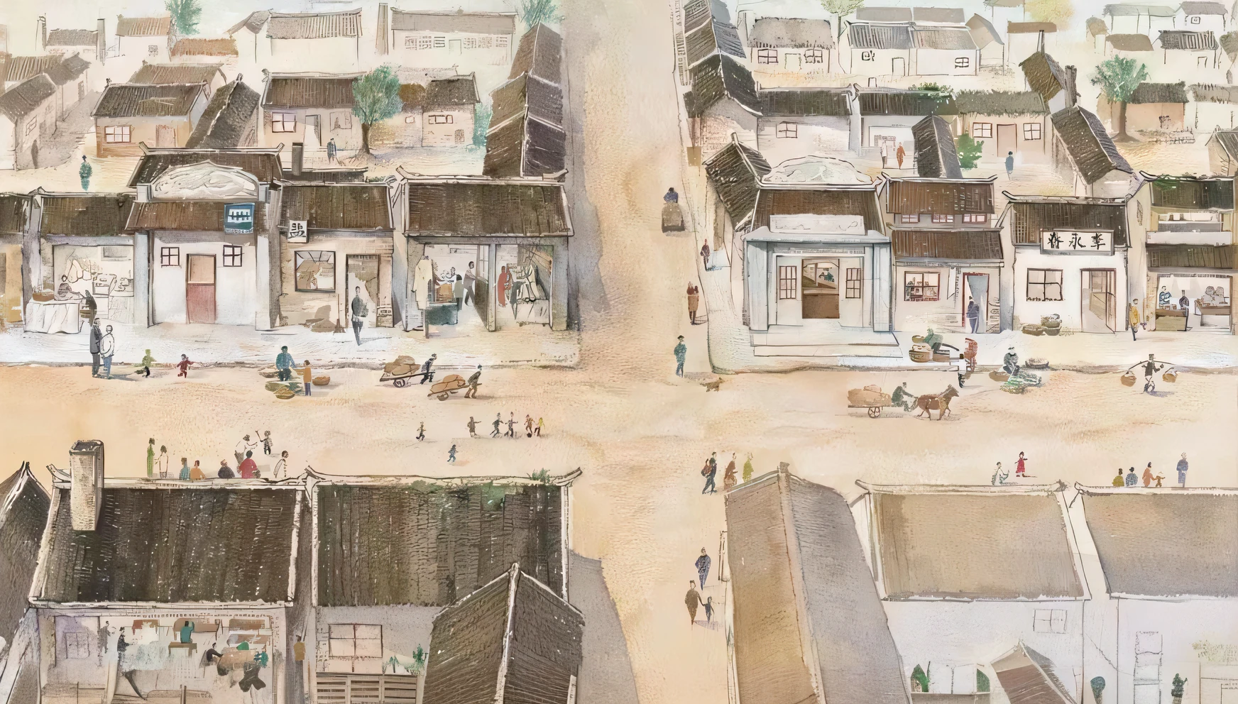 There are a lot of people walking around the town during the day, Chinese village, old asian village, in the edo era, author:Ni Zan, author:Li Zai, edo era, japanese town, traditional japanese concept art, author:Tessei Tomioka, old chines painting, by Ni Yuanlu, author:Liao Zhichun, colonial era street, in the edo era