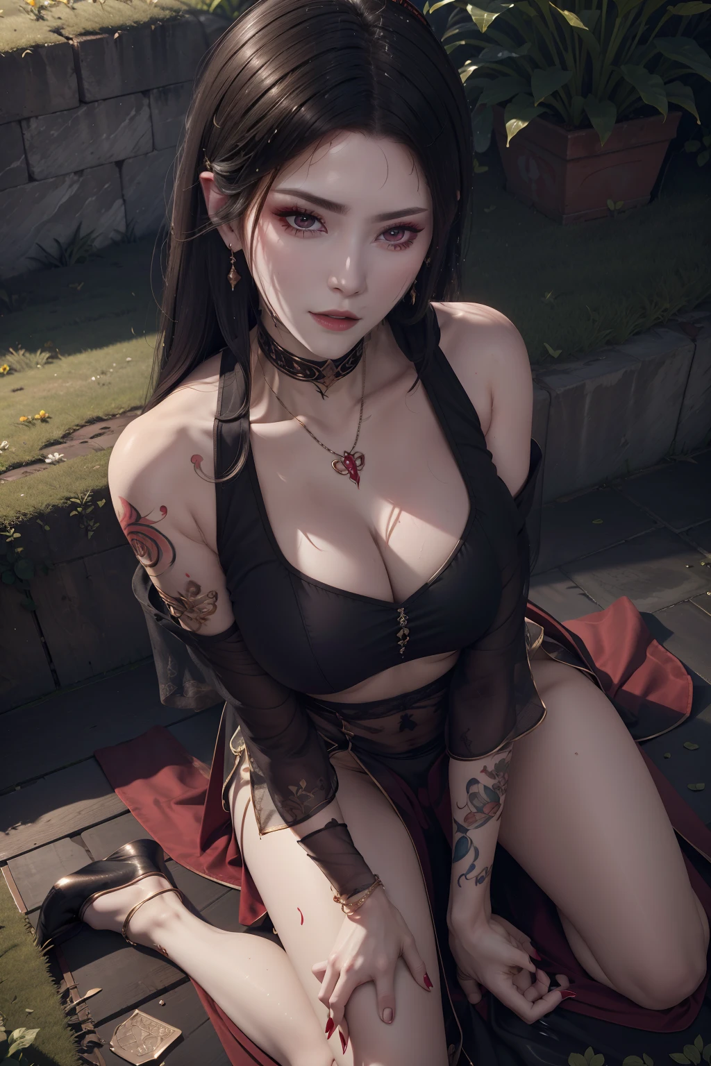 cropped shoulders,stocklings,Full body photo,overhead photography,8k ultra high definition,detail real,Master level,lipsticks,with fair skin,nurse's outfit,Get wet,on a grassy field,Painted eye shadow,Tattooed with