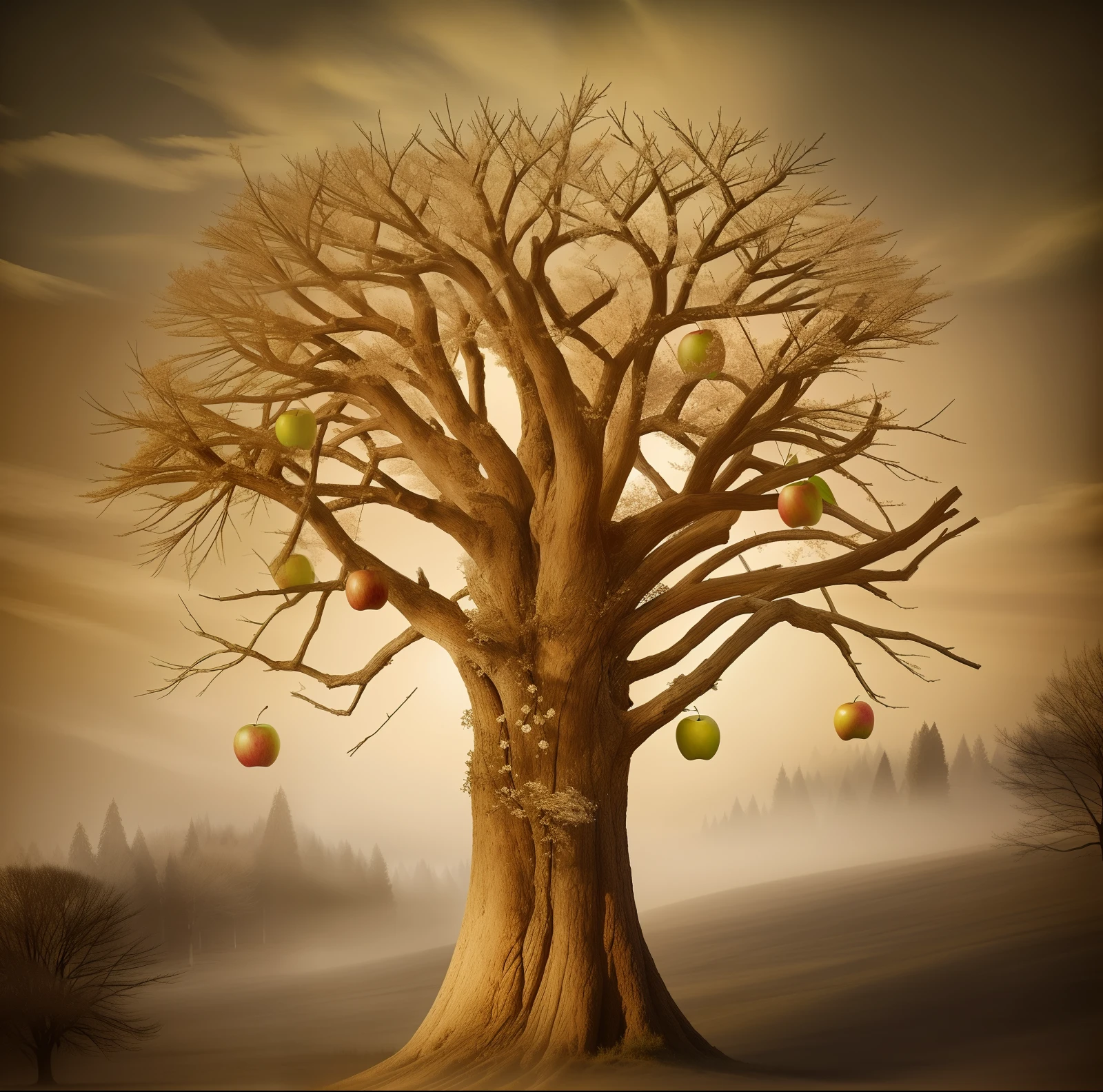 There is a large tree with apples hanging from its branches, golden sacred tree, tree of life seed of doubt, Golden apple, inspirado em Igor Morski, fantasy tree, inspirado em Vladimir Kush, surreal gediminas pranckevicius, inspirado em Gediminas Pranckevicius, magic tree, the tree of life, arte renderizada