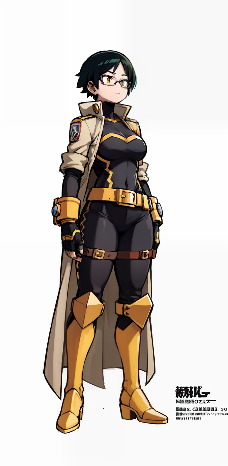 My Hero Academia style, anime Girl, female, wide thighs, wide hips, Large Breast, Blue short hair with green bangs, short hair, jagged bangs, asymmetrical bangs, long side bangs, yellow trench coat, trench coat, open trench coat, high collar trench coat, trench coat,  glasses, red frame glasses, round red frame glasses, green eyes, Joyful Gaze, black pants, black belt, black shirt, trending on artstation pixiv, (full body shot:0.5), Masterpiece, fullbody suit, Hero costume, Perfect Anatomy, Super Detailed,