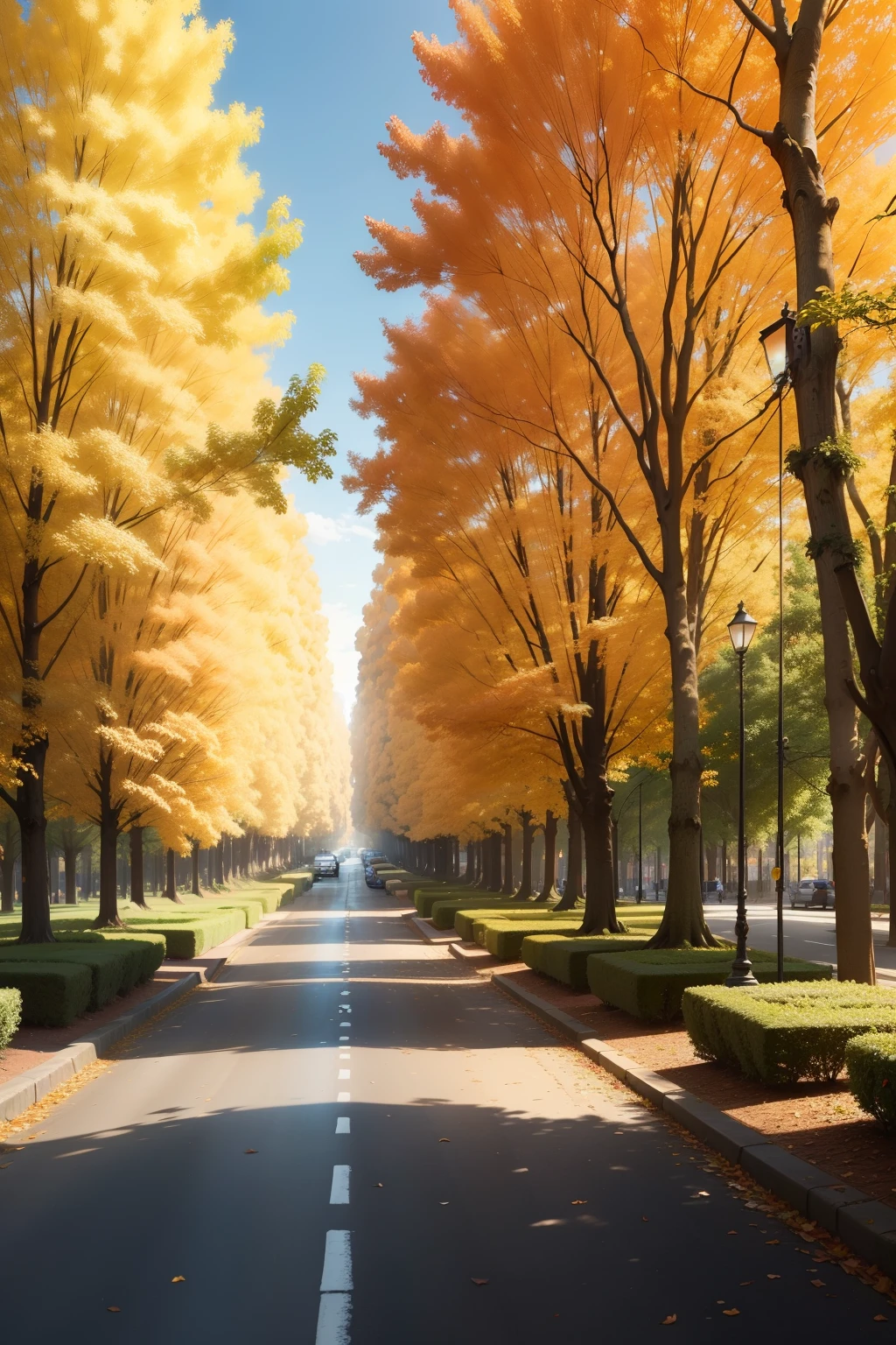 Wide Golden Avenue,The sides are densely wooded,warm sunlight,No pedestrians and vehicles