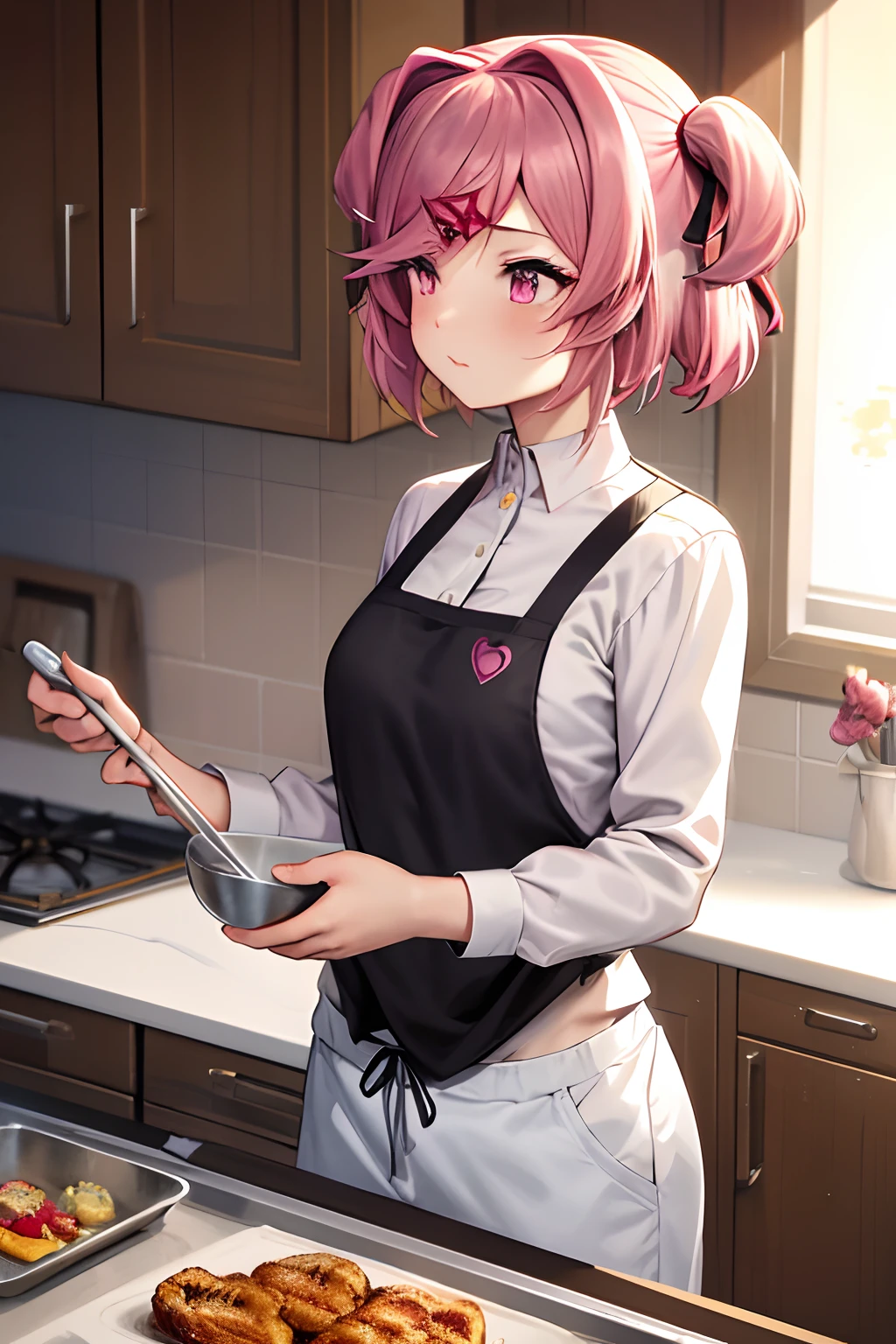 masterpiece, best quality, natsuki,  pink eyes, pink hair, two side up, hair ornament, hair ribbon, chef uniform, long sleeves, white pants, happy, stove, frying pan, kitchen, fire, cooking