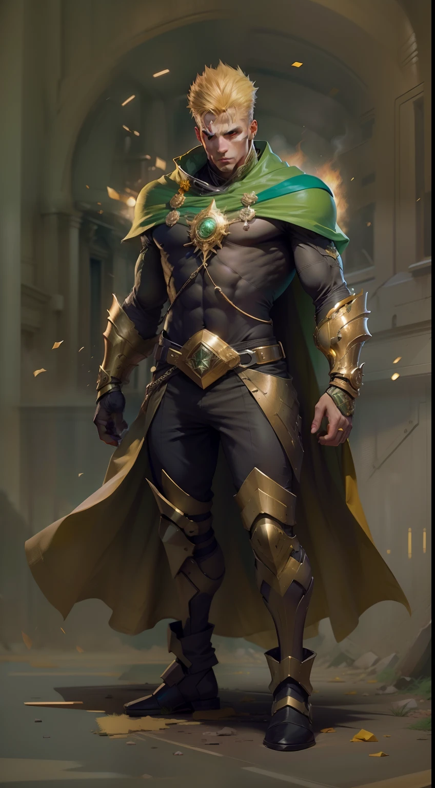 Develop an image of a hero wearing a green and gold costume. The hero must have a noble and powerful appearance, with distinct character traits. The green and gold costume should be modern and futuristic, with technological elements and details that make it unique. The hero must be in a heroic pose, as if he is ready to face any challenge that comes his way. The background scene can be an urban landscape or an imaginary landscape that matches the heroic aura of the character. Feel free to add creative and interesting details to make the hero even more captivating